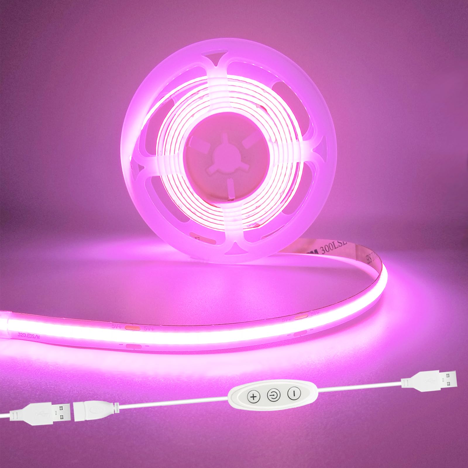 Tira LED rosa USB 5V 5m pequeña tira de luz COB regulable con regulador de intensidad USB para dormitorio, configuración de juegos, manualidades, retroiluminación