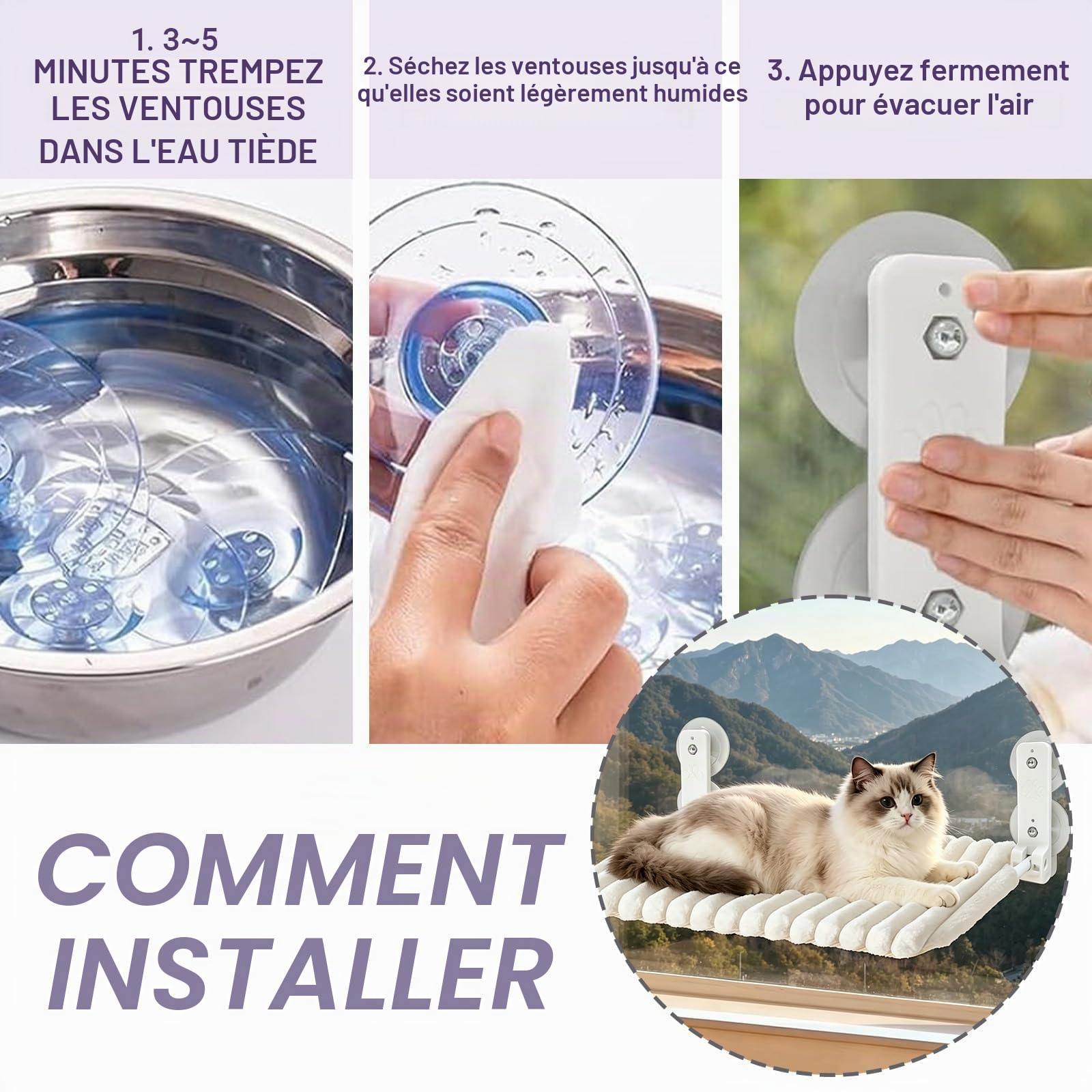 Hamac Chat Fenetre, Perchoir Chat Fenetre avec 4 Ventouses, Cadre Acier Épais Solide,Lit Peluche Pliable, Hamac pour Chats, Facile à Démonter, Supporte Jusqu'à 18kg