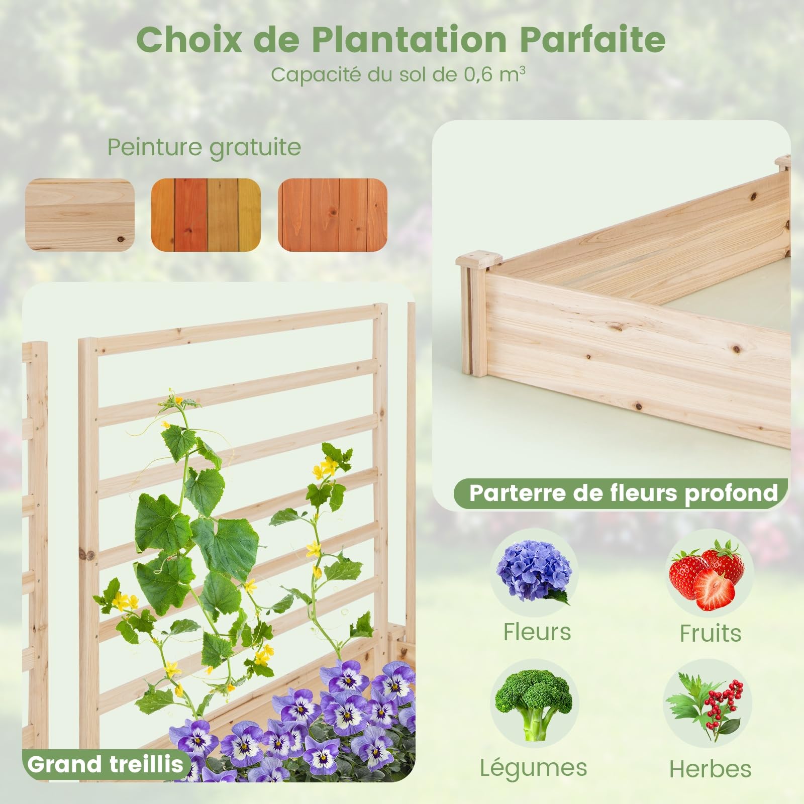 RELAX4LIFE Jardinère Surélevé en Bois avec 3 Treillis, 2 Bacs à Plantes Carré Potager surélevé Extérieur 2.2X 1.2x1.1M, Bac à Plantes Surélevé sans Fond pour Fruits Légumes Fleurs Herbes, KX8439FR