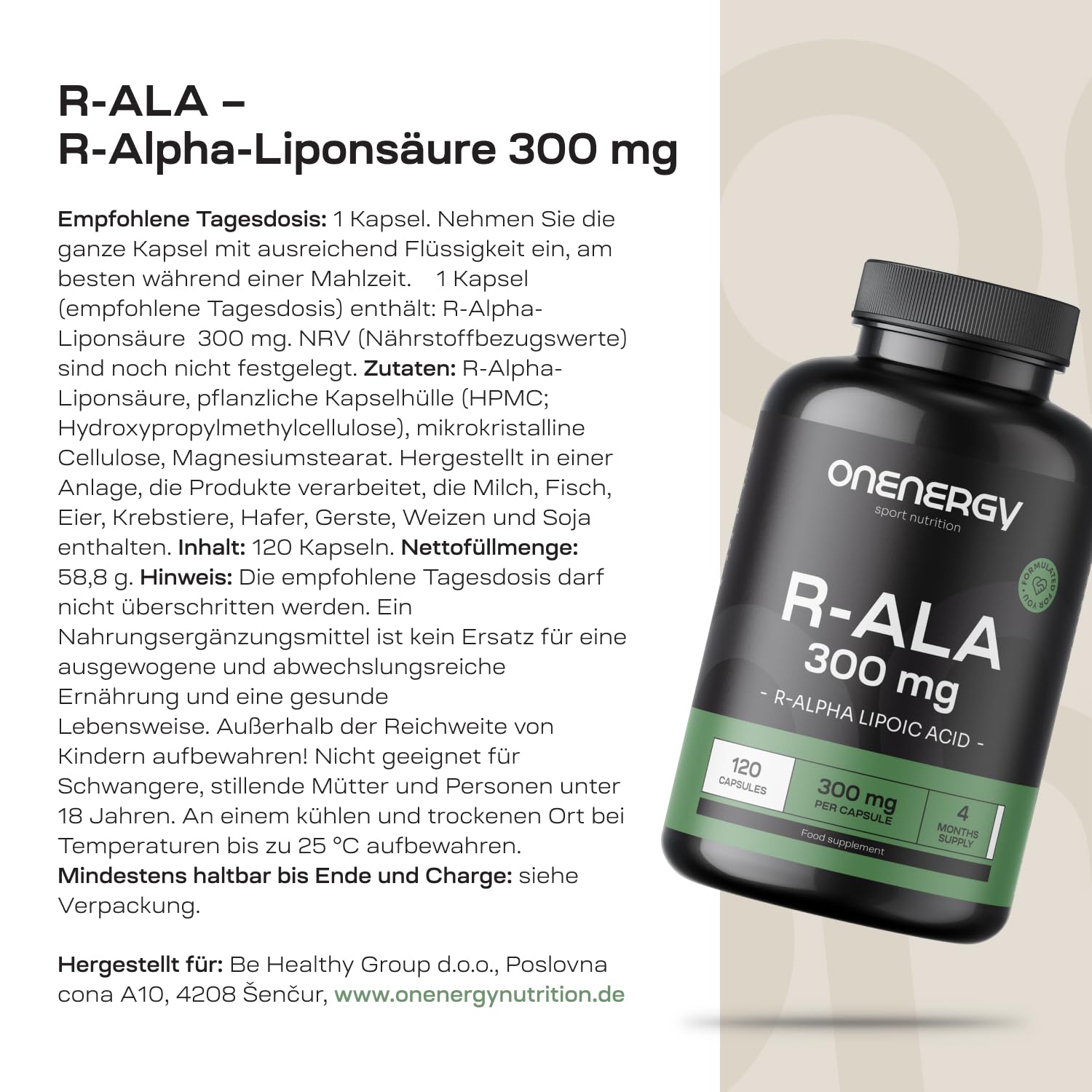 R-ALA – R-Alpha-Liponsäure 300 mg – 120 pflanzliche Kapseln – Hoher Gehalt und hervorragende Qualität – Energieboost – Vitalität – 4-Monats-Vorrat – Ideal für Sportler