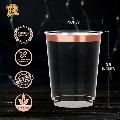 Miniatura 6 de R-kay Paquete de 50 vasos de plástico de oro rosa para fiestas, vasos de fiesta de oro rosa de 10 onzas desechables, vasos duros desechables, vasos