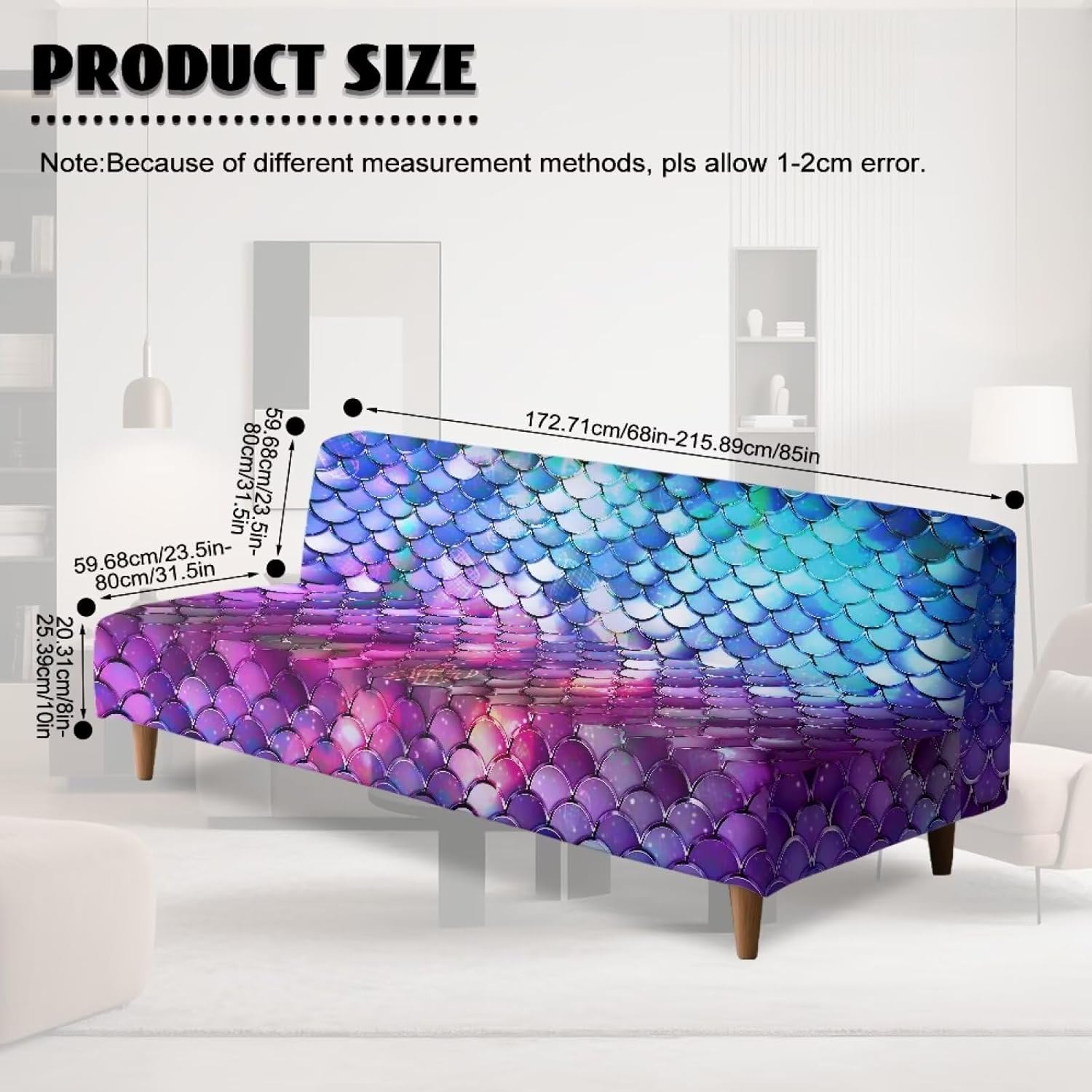Mermaid Scales Non-Slip Futon Slipcover Stretch Futon Sofa Bed Cover Water Resistant Furniture Protector for Kids Pets Home Decor