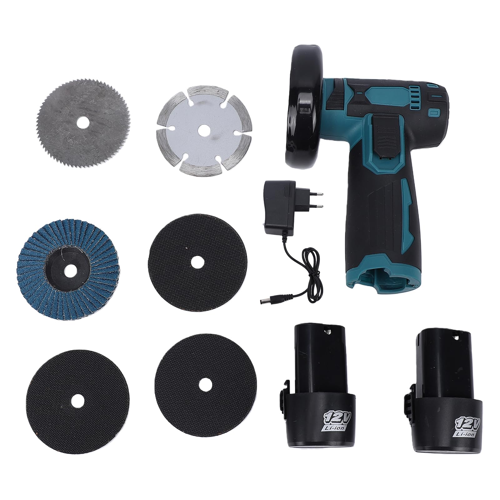 Geevorks Mini Amoladora Angular de 12 V, 19500 Rpm, 6 Hojas de Sierra, con Protección Gruesa para Cortar, Pulir y Desoxidar Metal, Madera y Azulejos con 2 Baterías (EU)