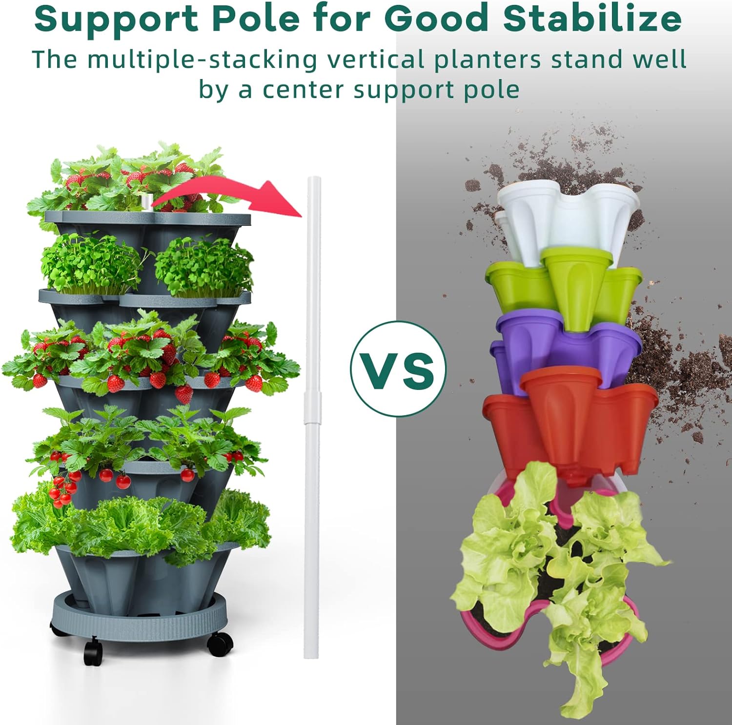 7 Tiered Strawberry Planters 2 Pack, Vertical Stackable Planter, Herb Stacking Tower Garden, Flower and Vegetable Planters with Support Pole Indoor and Outdoor with Removable Wheels Dark Grey