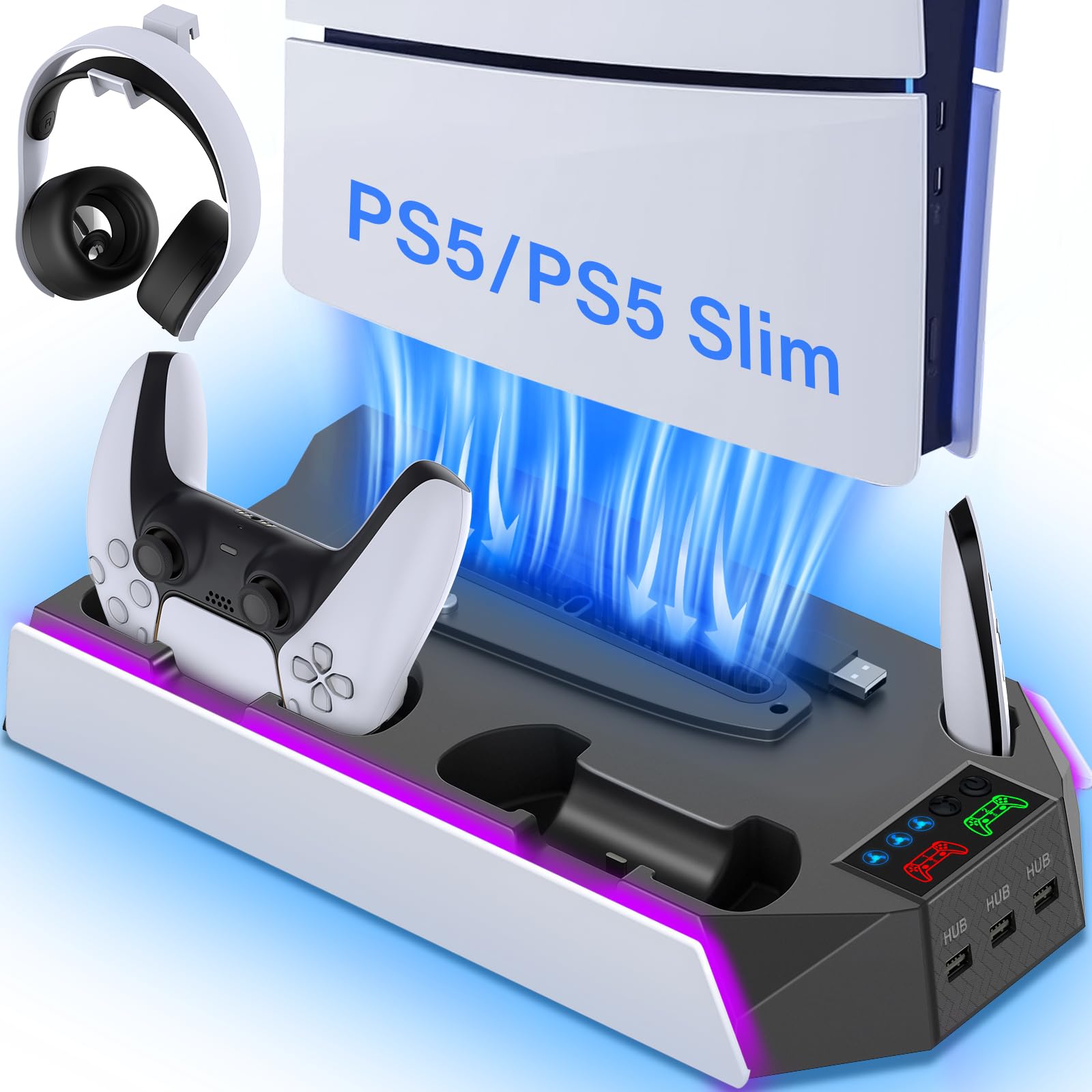 PS5/PS5 Slim Cooling Station Stand RGB con Dual Controller Base de carga para PlayStation 5 Consola PS5, accesorios PS5 incl. cargador de controlador, ventilador de refrigeración, soporte para