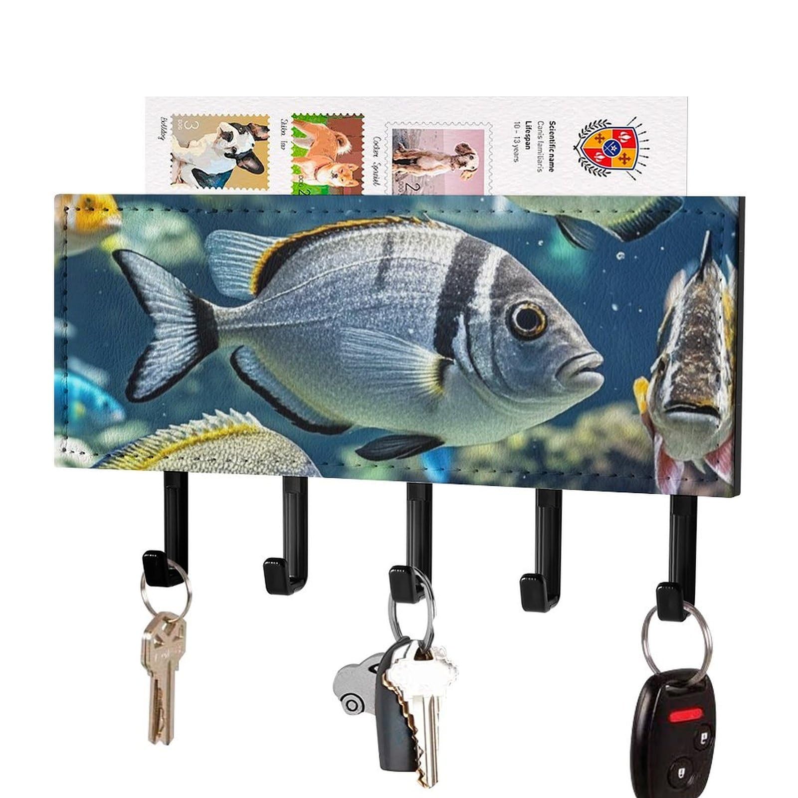 FekiLoot Different Fish Key Holder Wall Mount Key Hanger with 5 Hooks Decorative Key Rack Hanging Key Hooks with Mail Organizer Key Holder for Wall Living Room Kitchen Bathroom Hallway Black