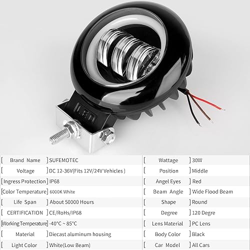 Miniatura 2 de Luz LED de trabajo de 5 pulgadas, 30 W, haz de inundación LED blanco para automóvil, 4x4, todoterreno, camión, ATV 12V 24V, ojos de ángel, rojo,
