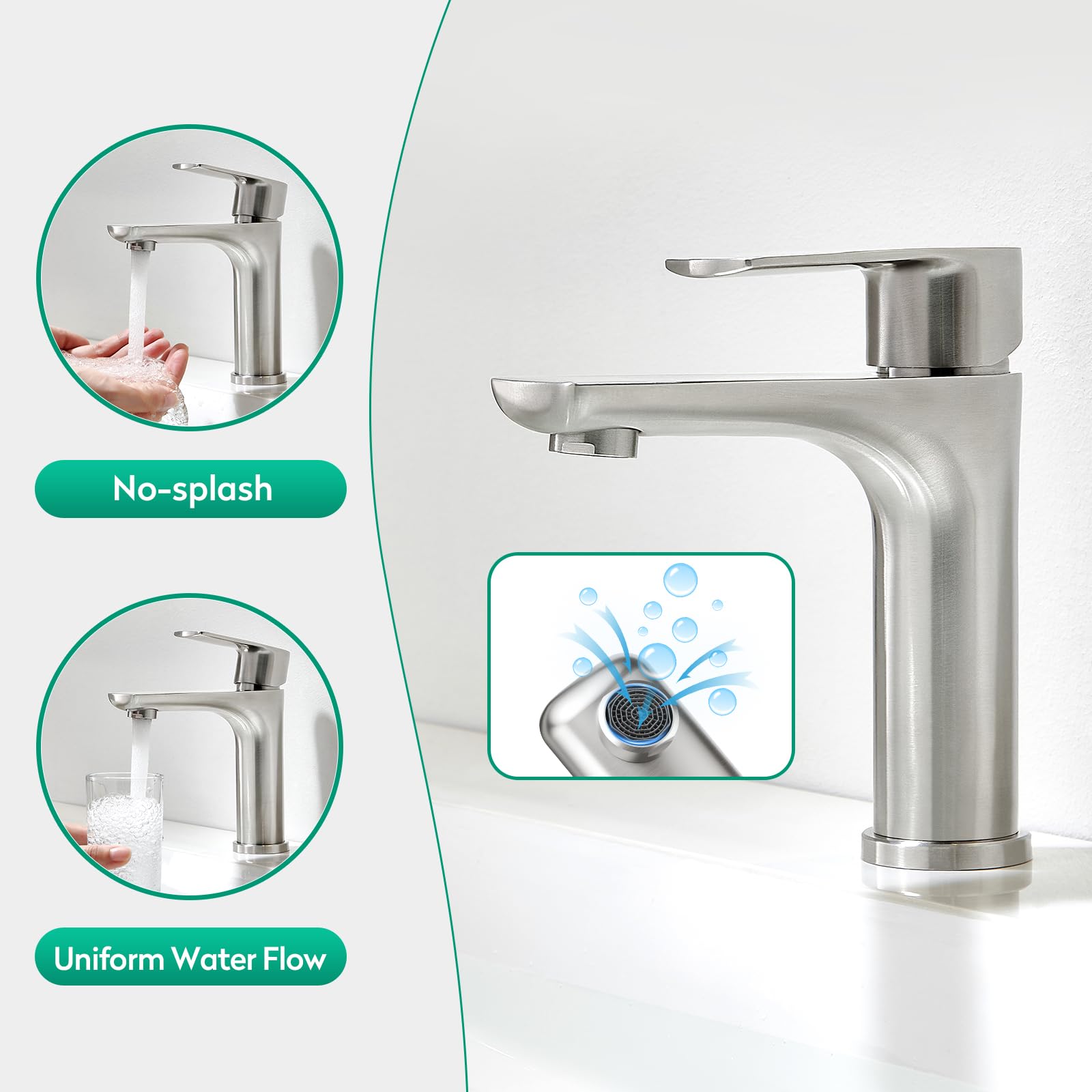 CREA Grifo de baño, grifo de lavabo con desagüe, grifo mezclador de ahorro de agua, grifo de alta presión para baño, grifo monomando de lavabo de acero inoxidable cepillado