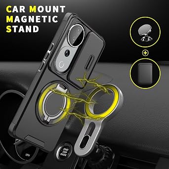 Case for Vivo V40 Pro 5G,Military Grade [Built-in Kickstand] Magnetic Rotate Ring Holder Heavy Duty TPU+PC Shockproof Drop Protect Phone Case for Vivo V40 Pro 5G/V40 5G/Vivo S19 Pro 5G (Black)
