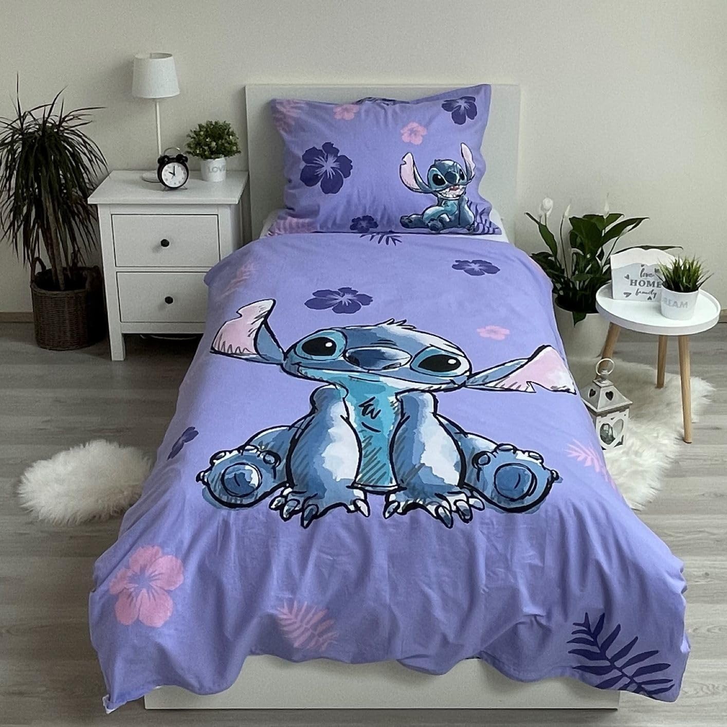 Jerry Fabrics Lilo & Stitch - Juego de cama (140 x 200 cm, 3 piezas, 100% algodón, funda nórdica + sábana bajera + funda de almohada de 50 x 70 cm, ropa de cama infantil