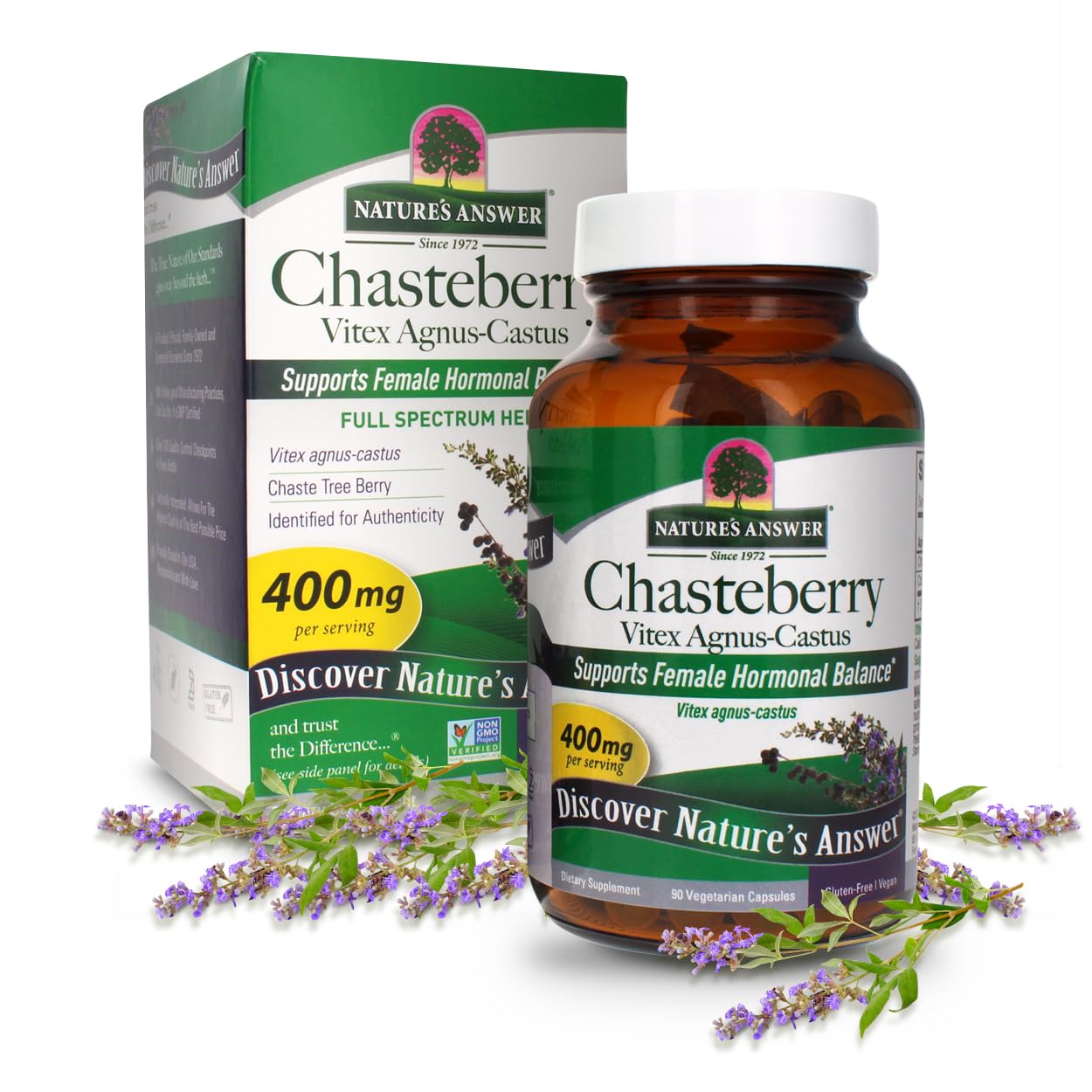 Nature's Answer Chasteberry Vitex Agnus Castus 90 Count 400mg Vegetarian Capsules - Vegan, Gluten Free, Non- GMO. Kosher