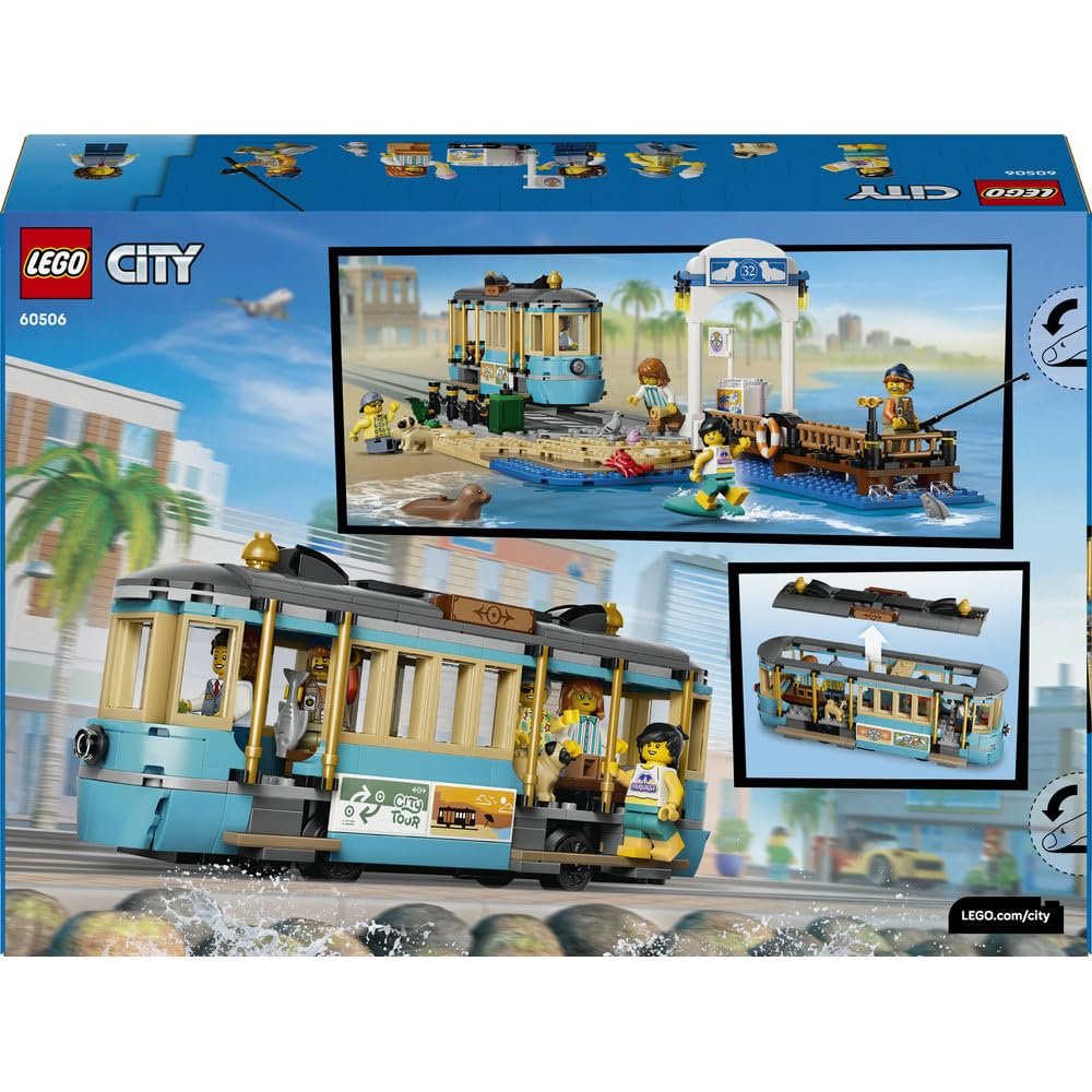 LEGO City Tramwaj przy plaży, zabawka konstrukcyjna, pociąg dla dzieci, 5 minifigurek i figurki zwierząt, prezent dla chłopca lub dziewczynki w wieku od 7 lat 60506