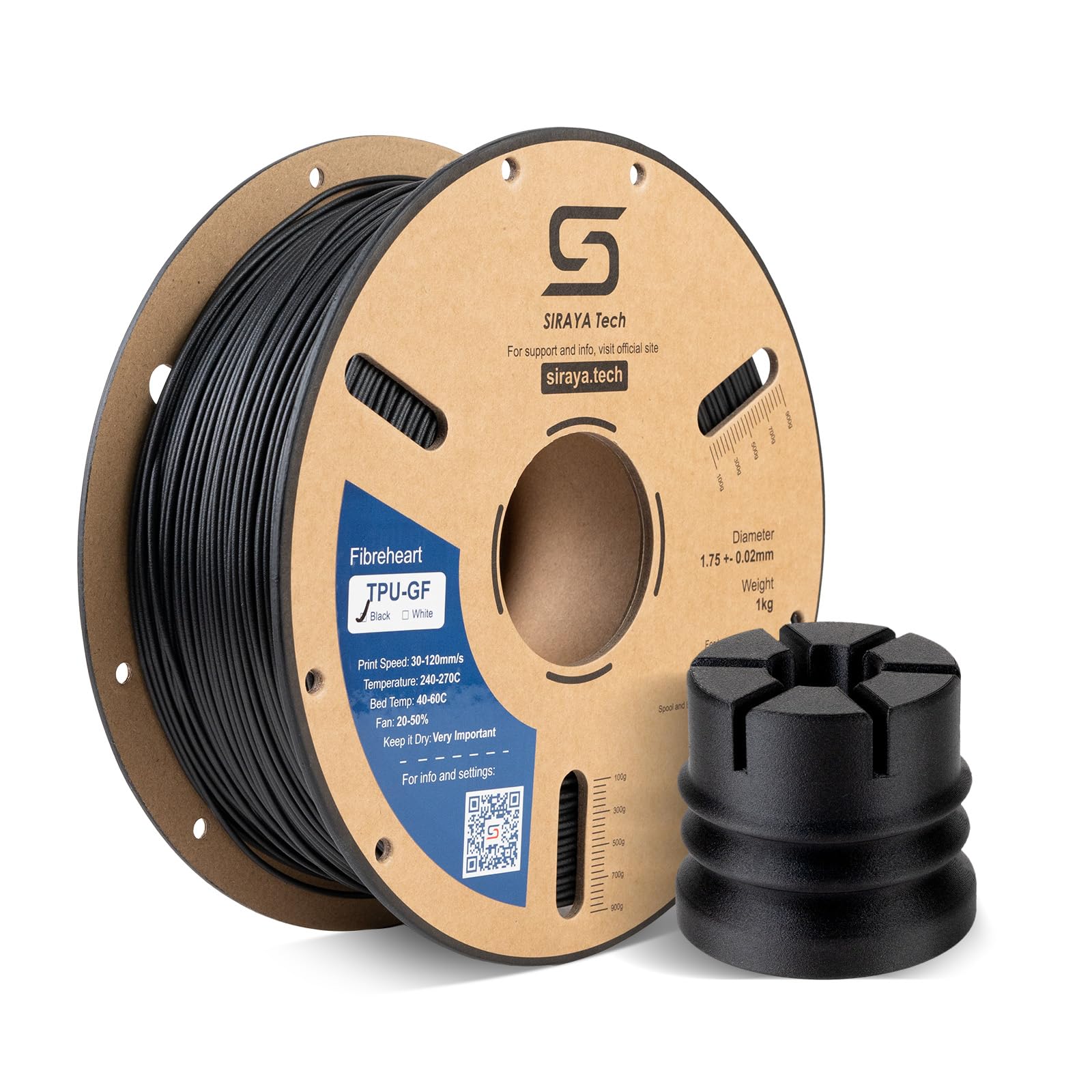Siraya Tech Fibreheart TPU-GF 3D-Drucker-Filament, glasfaserverstärktes TPU, extrem geringe Verzugstendenz und leicht zu drucken, hohe Schlagfestigkeit, vibrationsdämpfend (Schwarz, 1 kg)