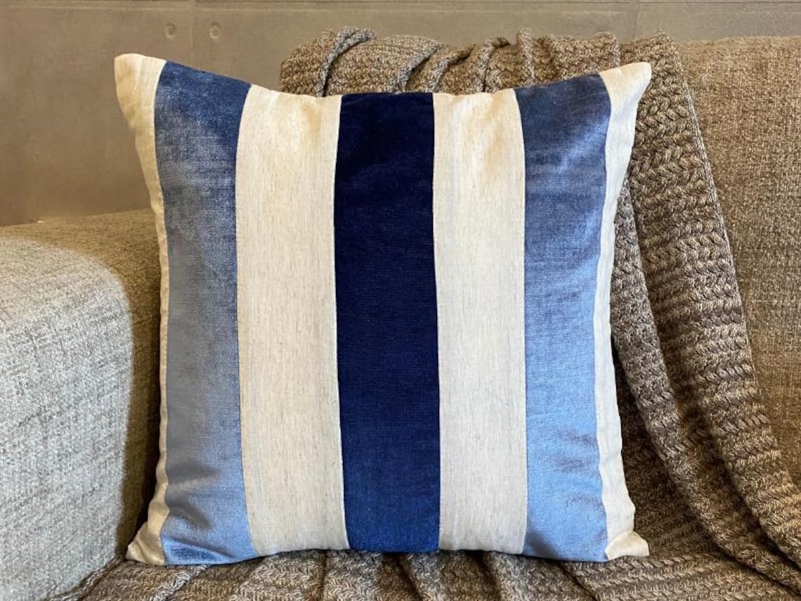 The HomeCentric Striped Decorative Throw Pillow Covers 12" x 12" | Modern Velvet Cushion Cover | Patchwork Blue Pillowcases for Couch, Sofa, Bed, or Living Room - Velvet Band Blue