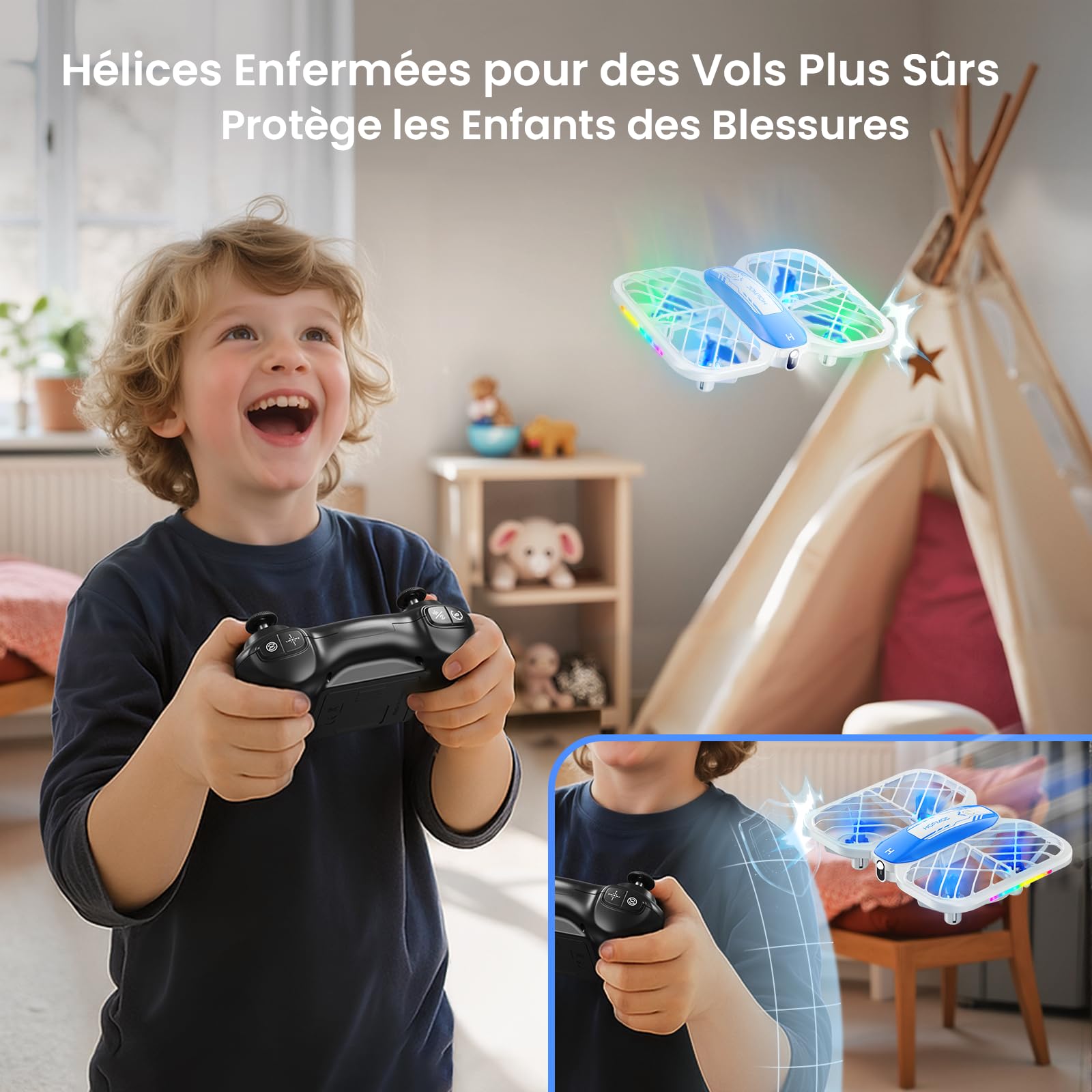 Drone pour enfants, drone HOFMOC avec 5 lumières LED, flip 3D, décollage/atterrissage automatique, mode sans tête, 3 vitesses, 22 minutes d'autonomie, jouet pour enfants à partir de 6 ans