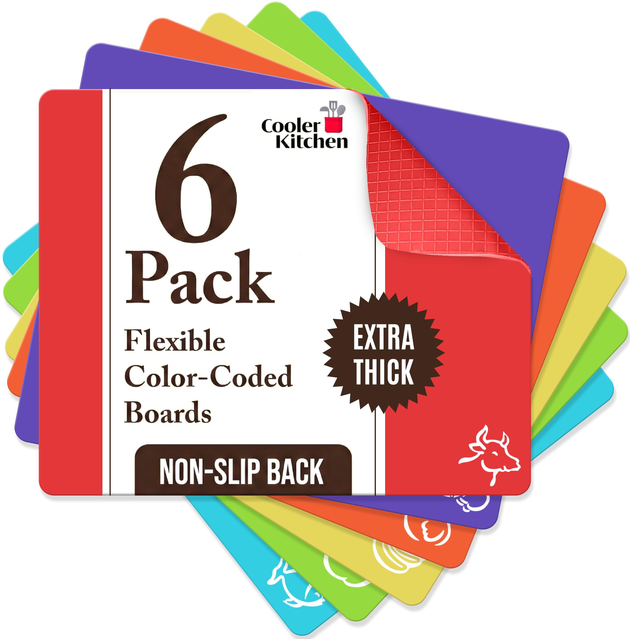 Extra Thick Flexible Plastic Chopping Board (Set of 6) - Plastic Cutting Board Set - Mats with Food Icons & EZ-Grip Waffle Back - Colour Coded Chopping Boards for Kitchens