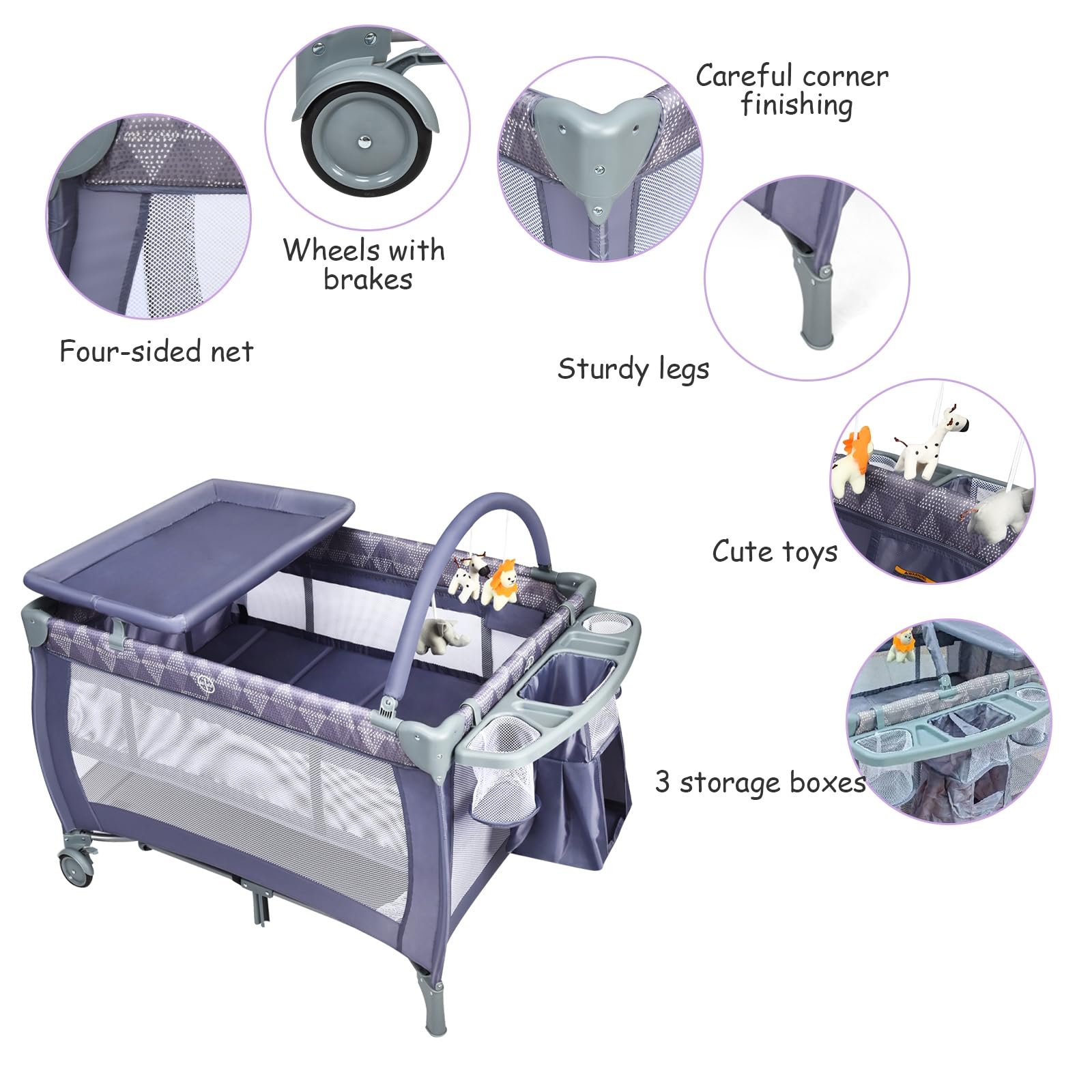 Maxmass 3 in 1 Baby Travel Cot, Foldable Bedside Crib with Changing Table, Hanging Toys, Wheel, Carry Bag, Infants Nursery Center Baby Cot Bed for 0-36 Months (Gray) — view 3