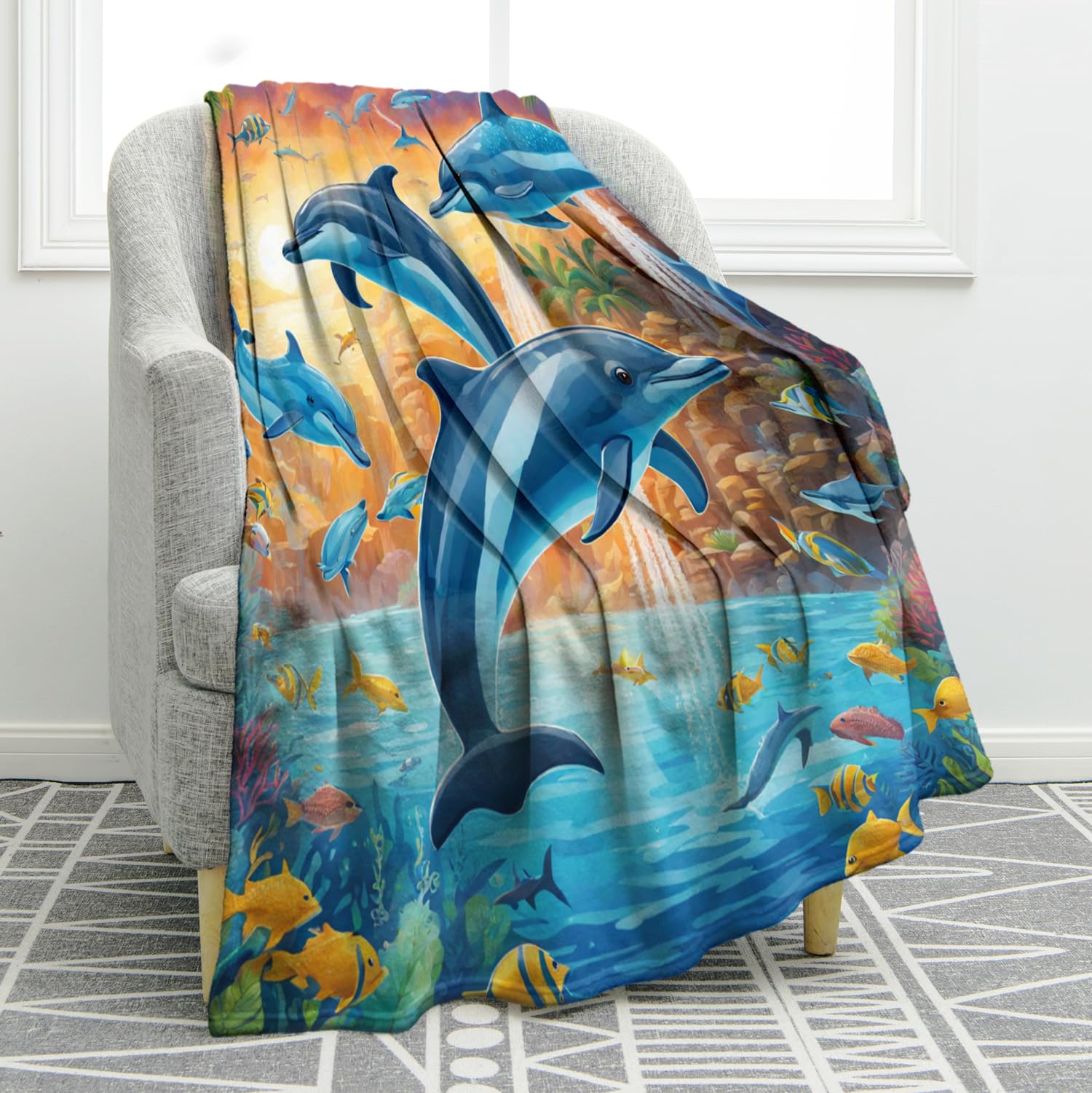 Jekeno Dolphins Blanket Ocean Gifts, Throw Blanket for Adult Kids, Ocean Nautical Decor Gifts for Age 2 3 4 5 6 7 8 9 10 Year Old