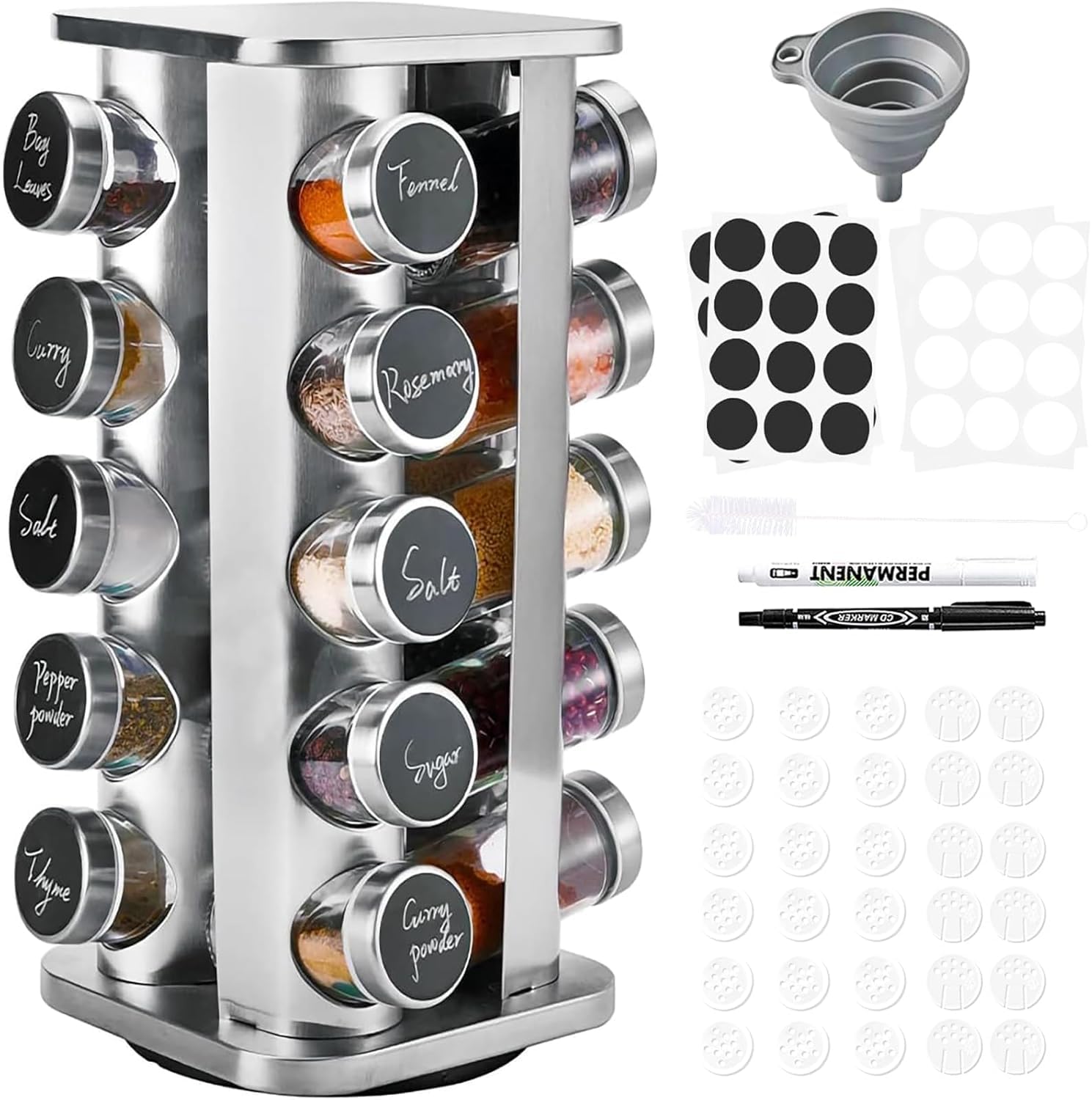 SAEIV Tourniquet à Épices Support Cuisine 360° Rotatif, Acier Inox 304 Antirouille, 20 Bocaux Verre & Inox, Étagère Compacte, Rangement Cuisine Étanche Gain de Place