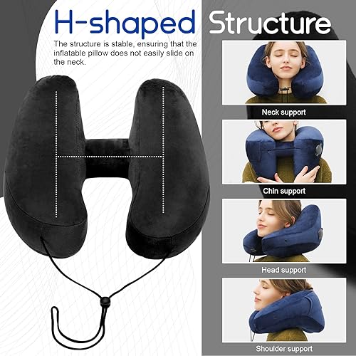 Miniatura 4 de Almohada inflable de viaje con capucha y bolsa de almacenamiento, almohadas suaves para el cuello para viajar, almohada de apoyo para la cabeza del