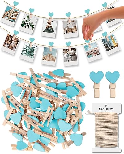 Miniatura 1 de Mini alfileres de ropa para fotos, pequeñas pinzas de madera para ropa, 100 piezas de flores blancas con cuerda de 10.9 yardas, clips para colgar