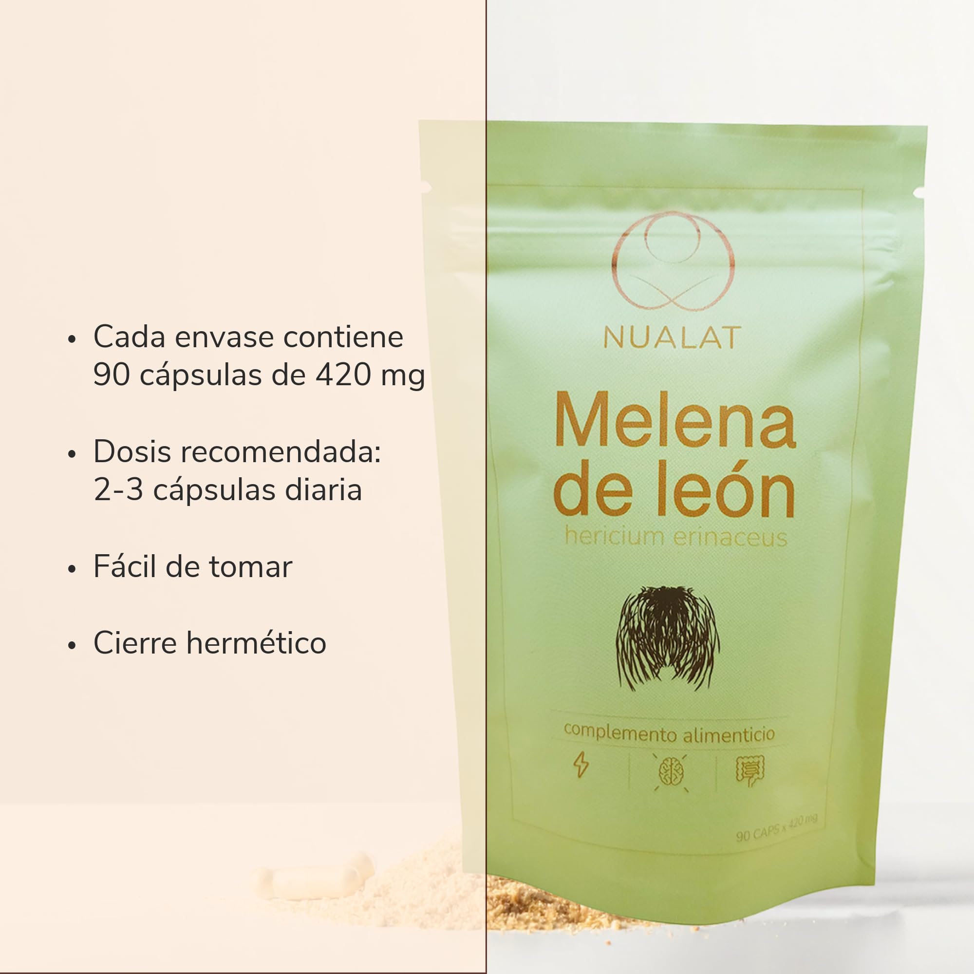 Extracto de Melena de León, Cápsulas Vegetales, Para Memoria y Salud Digestiva, 420mg, Extracto Natural 20:1, Con Beta-glucanos y Terpenos