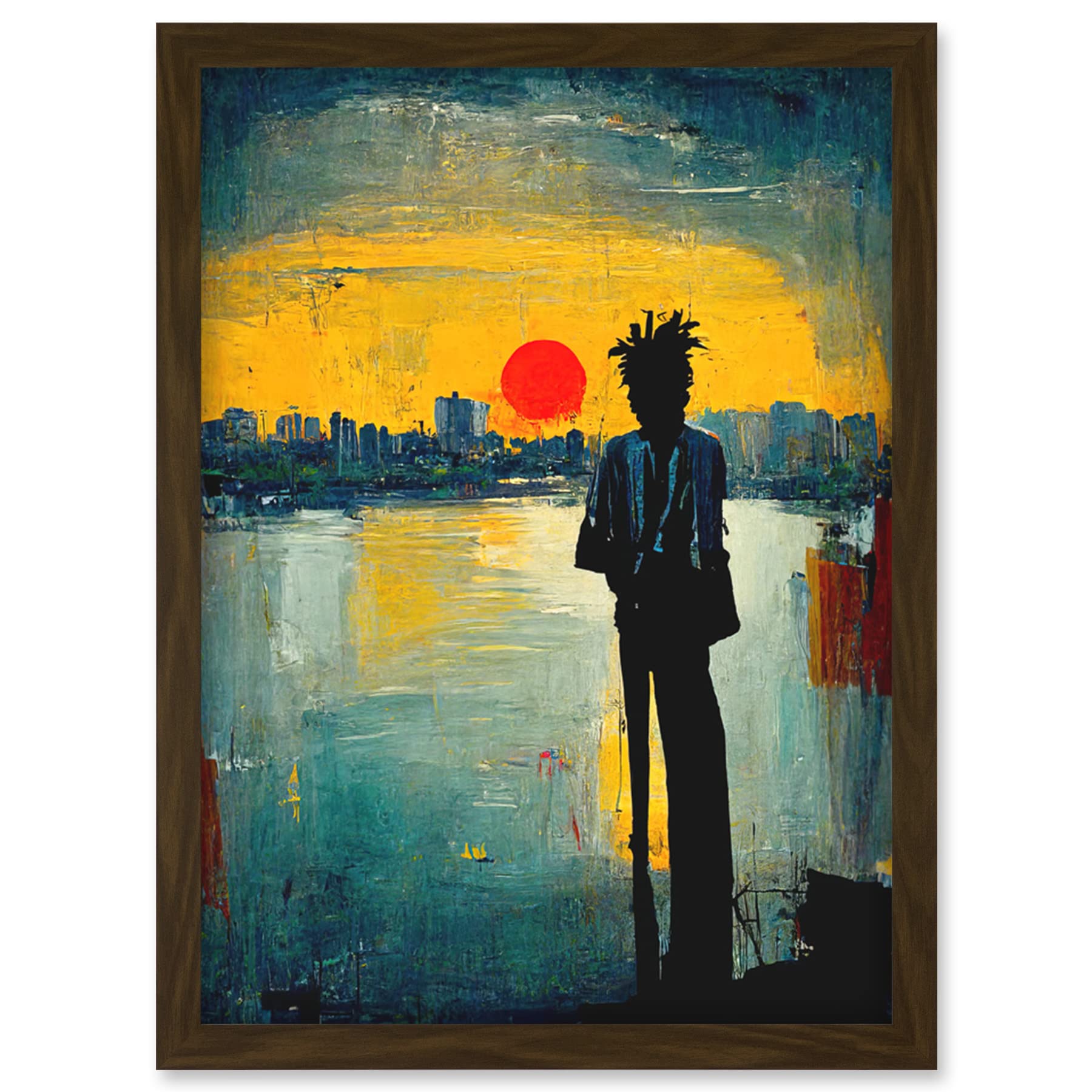 Artery8 Framed Oil Painting Artwork - Dramatic Sunset Silhouette City Skyline Lake - Wall Art Print A4