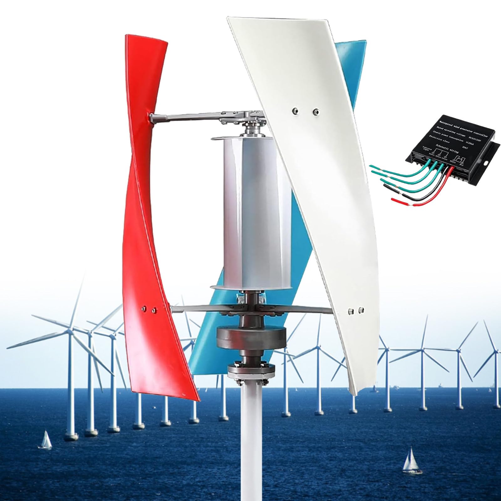 JozyJul 3-Blade Wind Turbine, 12V 24V 48V 110V 220V 14000W Small Energy Silent Vertical Wind Generator, Home Portable Vertical Wind Generator with MPPT Controller 220V-Color