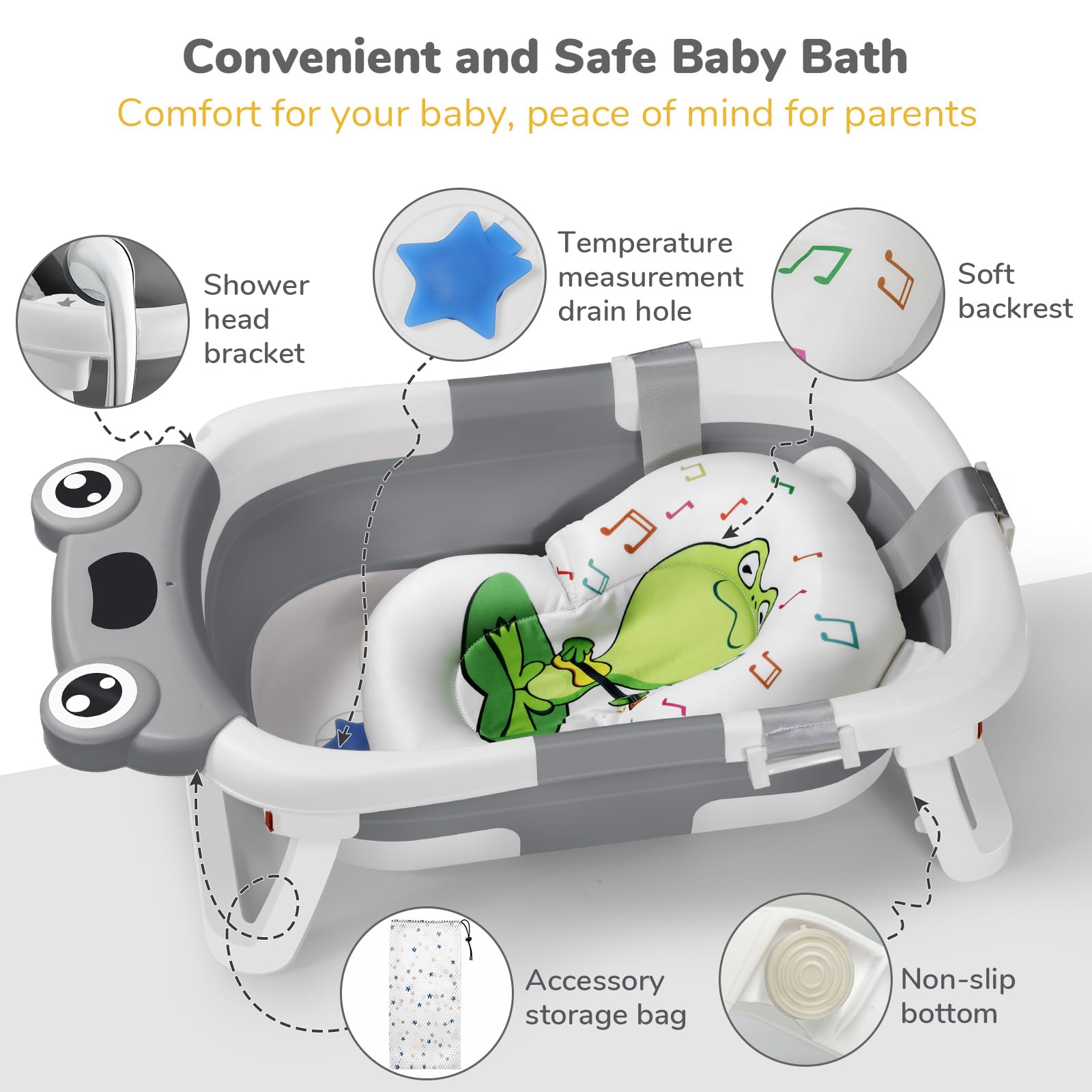 DEANIC - Bañera plegable para bebés con paño para bebés, bañera portátil con cojín de apoyo suave para recién nacidos de 0-3-6-12 meses, bañera plegable para interiores, viajes (gris)