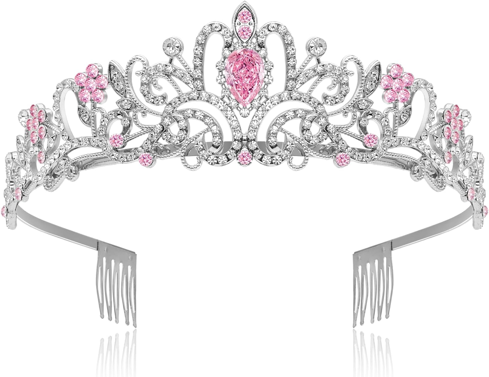 Silver Crystal Crown Pink Rhinestone Tiaras for Women Headband Princess Crown with Combs Queen Crown for Halloweenl Wedding Birthday Party