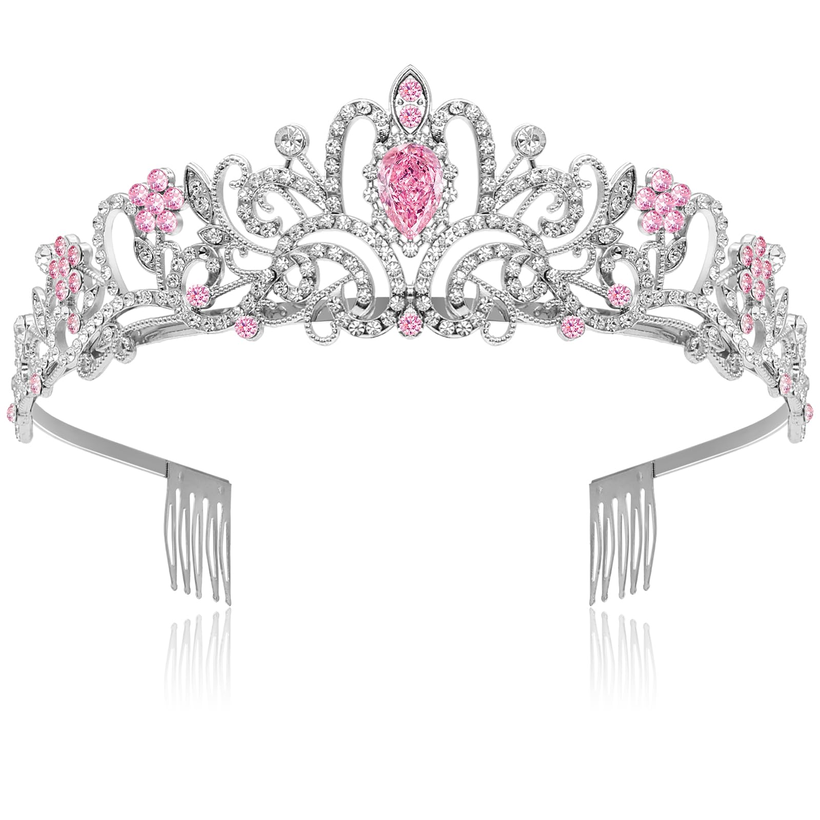 Silver Crystal Crown Pink Rhinestone Tiaras for Women Headband Princess Crown with Combs Queen Crown for Halloweenl Wedding Birthday Party