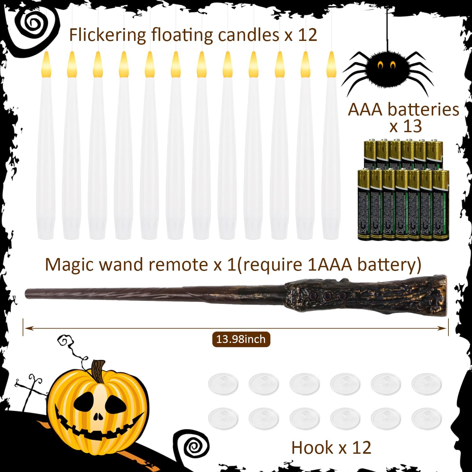 12 PCS Floating Candles with Wand LED Magic Hanging Candle Battery Operated Candle with 13 Batteries Include Flickering Warm Light Floating Candles for Christmas Halloween Decoration