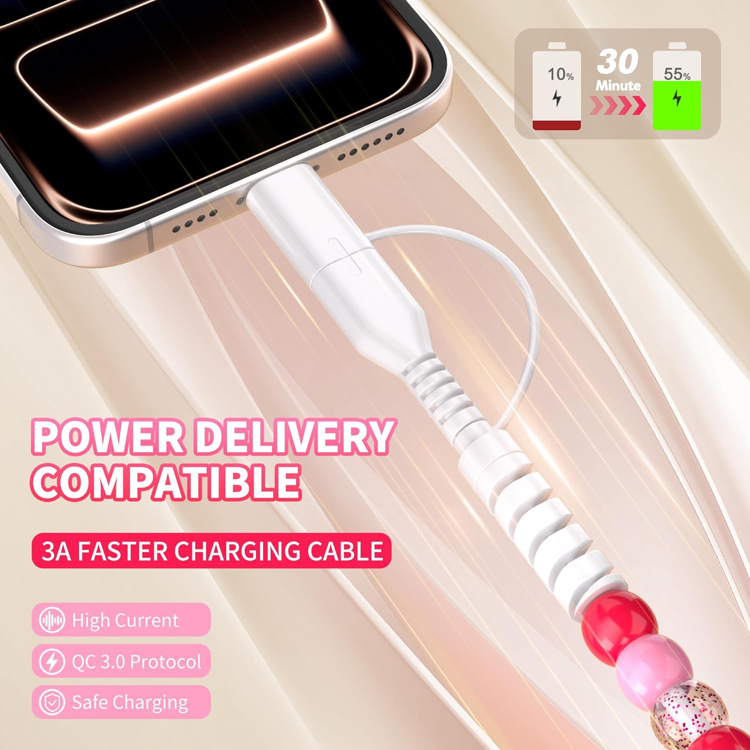 Aolcev 4 in 1 USB C Cable Multi Beaded for iPhone Charger Cord for iPhone 17 16 15 Pro Max MFi Certified 3.3FT Fast Charging Cable 66W USB A Type C iOS Cable for iPhone 14 13 Pro Max Galaxy S25 Pink - Image 4