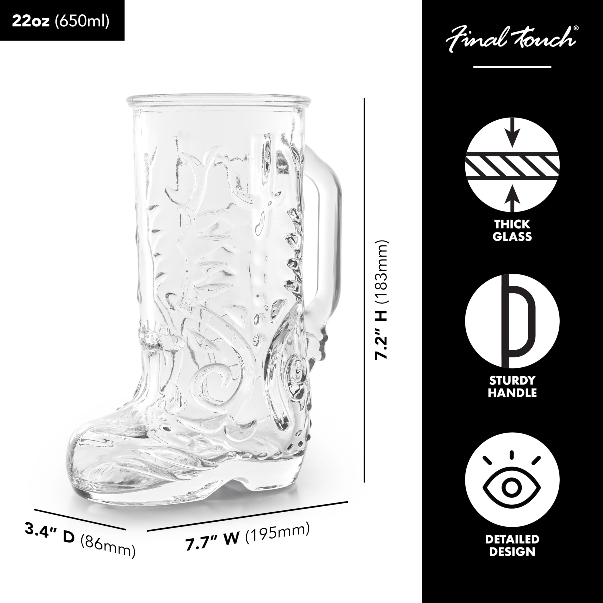 Final Touch Wild West Boot Glass – Bicchiere da cowboy a forma di stivale da cowboy, in vetro spesso con manico, perfetto per birra, bevande miste e altro ancora (GG5026)