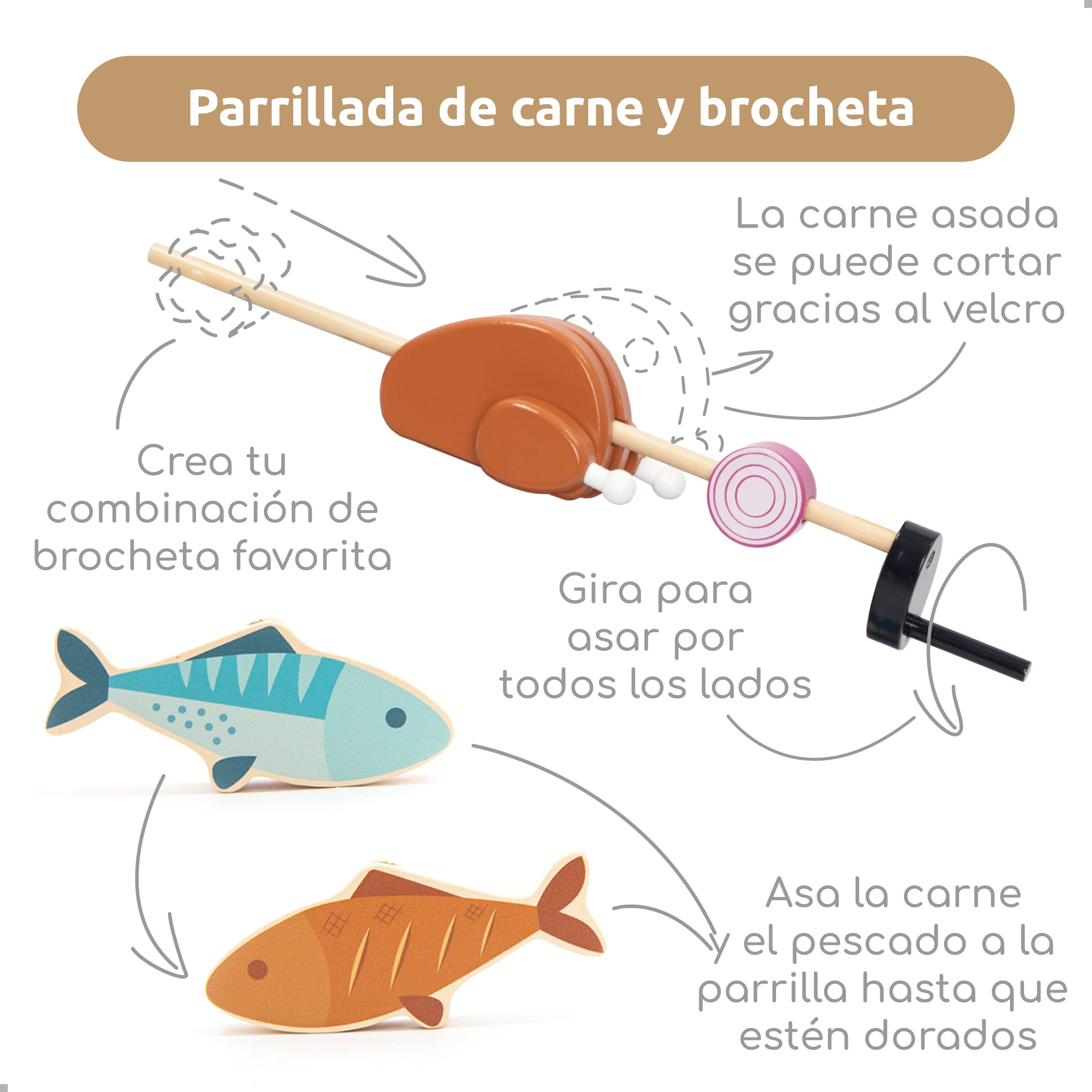 UMU® Juego de barbacoa de madera para niños – Juego de barbacoa de 45 piezas con barbacoa, carne, verduras, pescado, malvavisco y accesorios, juego de rol, juguete de cocina a partir de 3 años