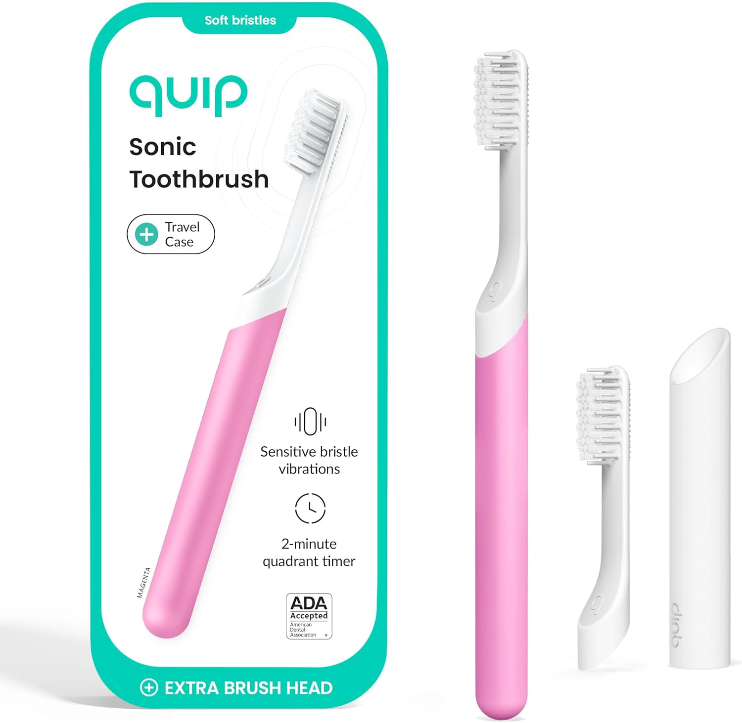 Quip Sonic Electric Toothbrush for Adults with Timer - Includes Travel Case & Replacement Brush Head - 3 Month Battery Life, Plastic Handle - Magenta
