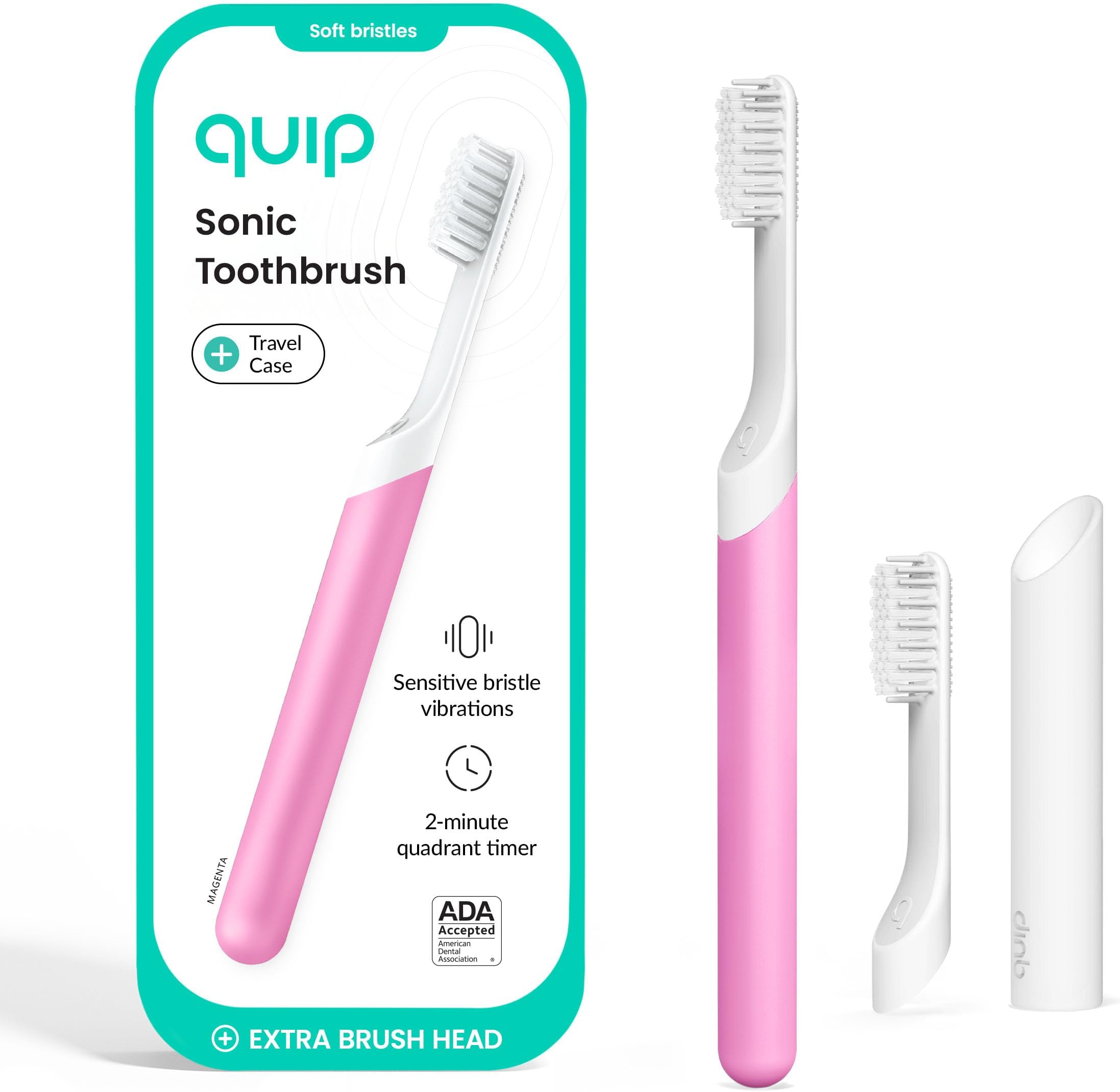 Quip Sonic Electric Toothbrush for Adults with Timer - Includes Travel Case & Replacement Brush Head - 3 Month Battery Life, Plastic Handle - Magenta