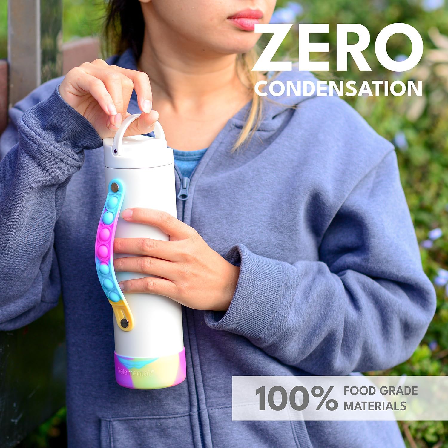 Elemental Iconic Kids Water Bottle for School - 100% Leak-Proof Insulated Water Bottles with Straw Lid & Pop-It Handle for Boys & Girls - Triple-Wall Insulated & BPA-Free, 20oz – White Tie Dye - Image 5