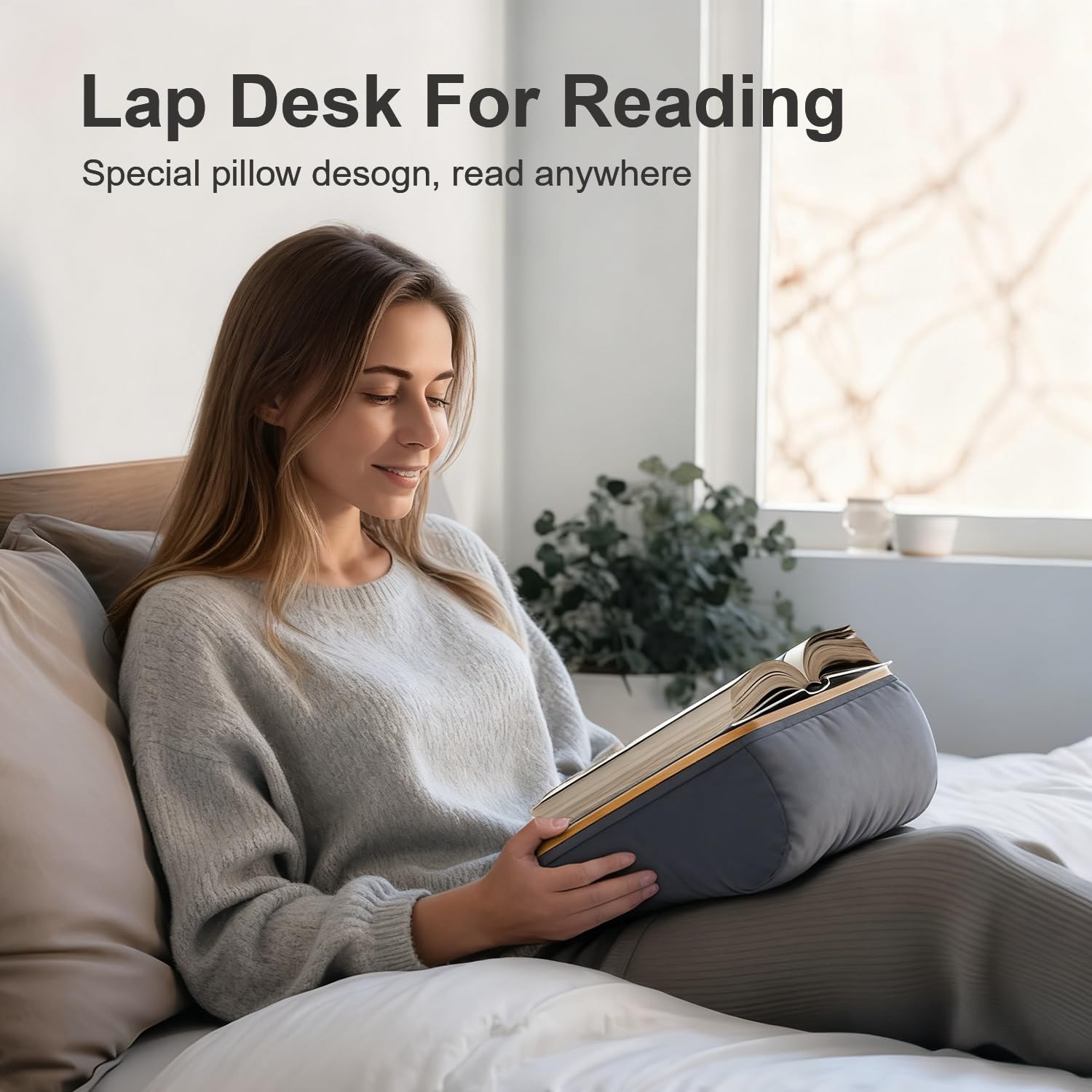 Lap Beanbag, supporto per libri per lettura a mani libere, comodo da leggere, ideale per gli amanti dei libri nel dormitorio, stand di lettura (grigio)