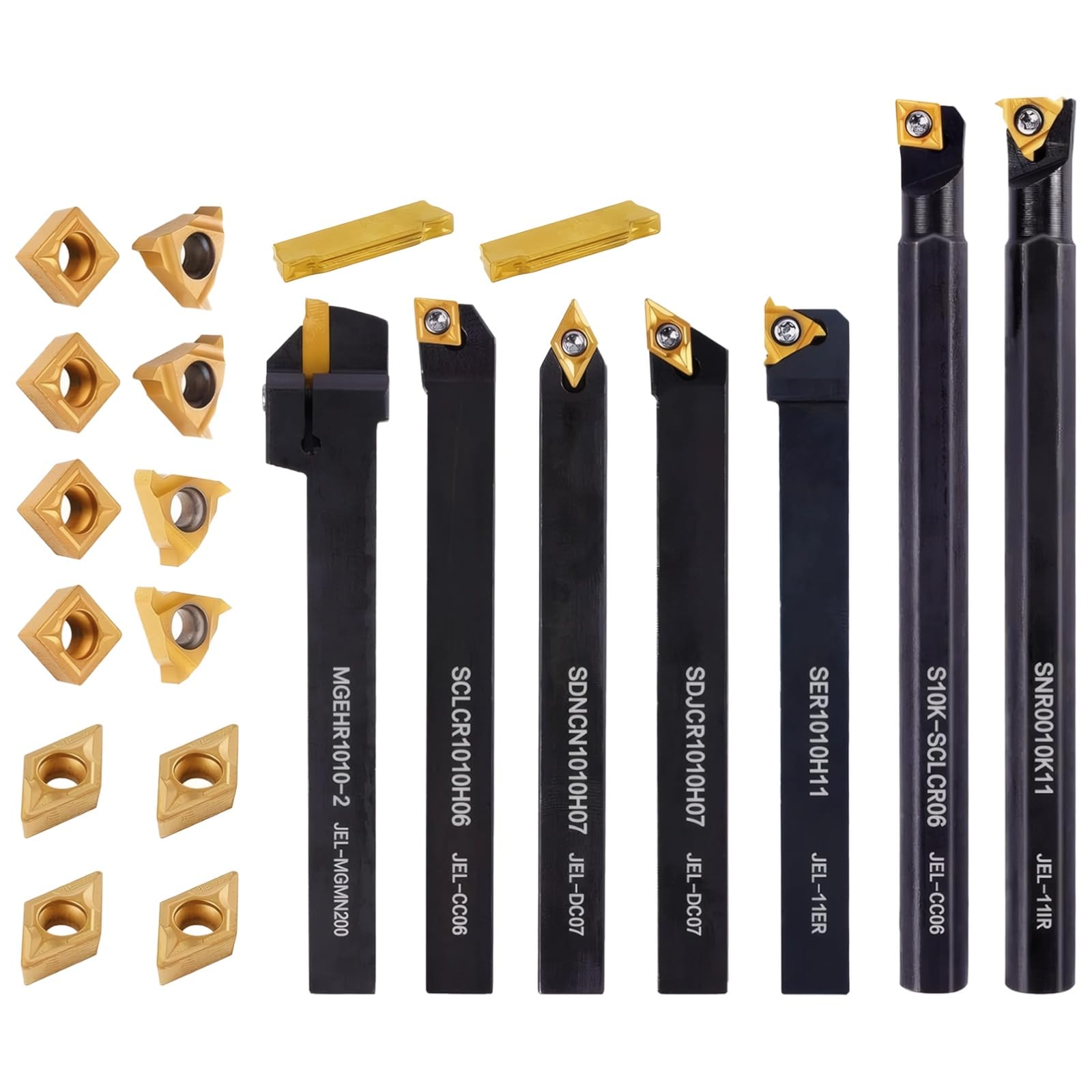 Set di 21 utensili per tornio da 3/8" da 12 mm, include 7 portautensili per tornio da 12 mm e 14 inserti in carburo, inserti in carburo dorato indicizzabili con chiavi