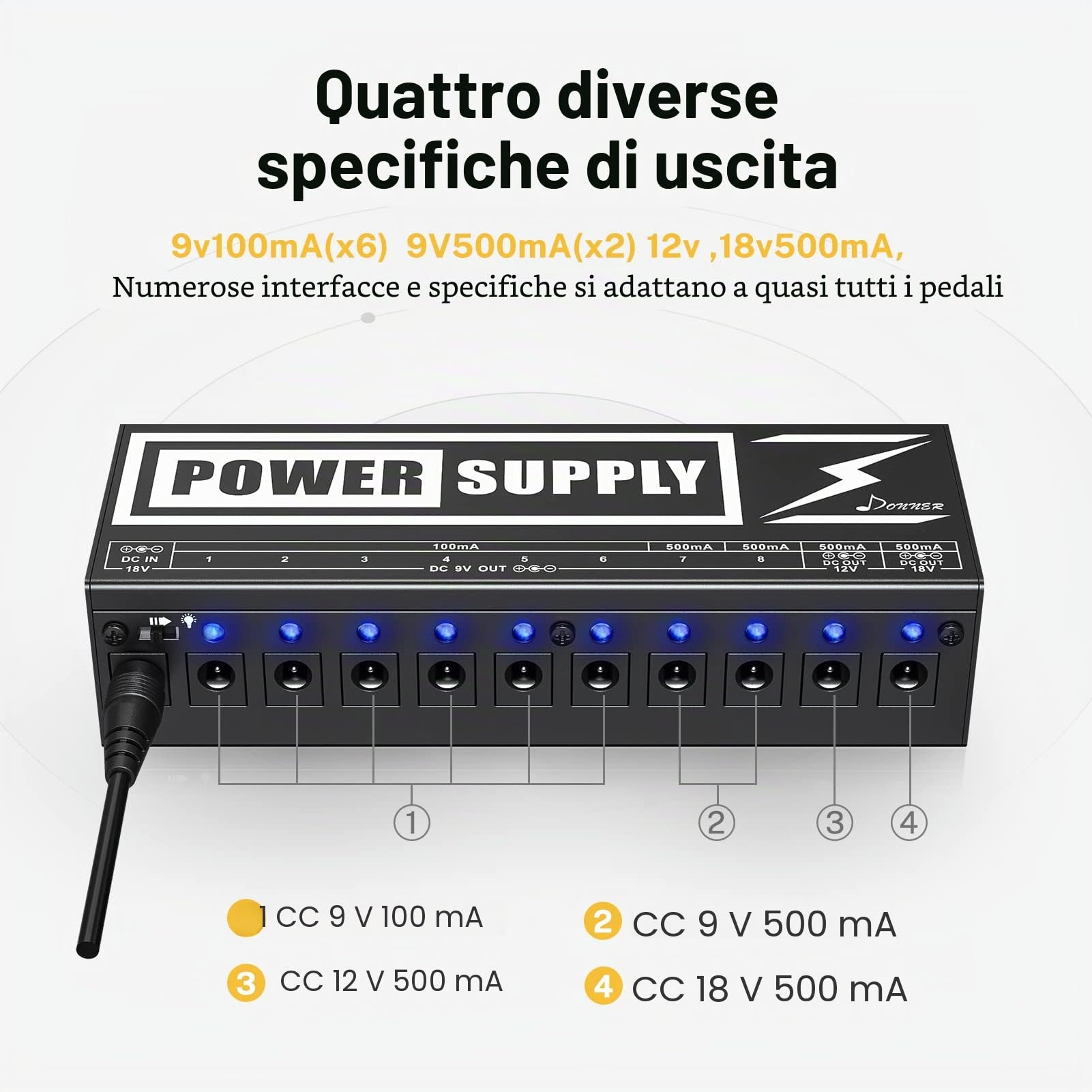 Donner Alimentatore per Effetti a Pedale della Chitarra Elettrica multi-output isolati con Adattatore e Cavi di Alimentazione, Versione Aggiornata DP-2