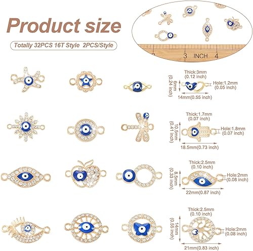 Miniatura 2 de Cheriswelry 32 dijes de conector de mal de ojo azul surtidos de aleación de cristal con diamantes de imitación de ojo malvado, 16 estilos de 0.23 a