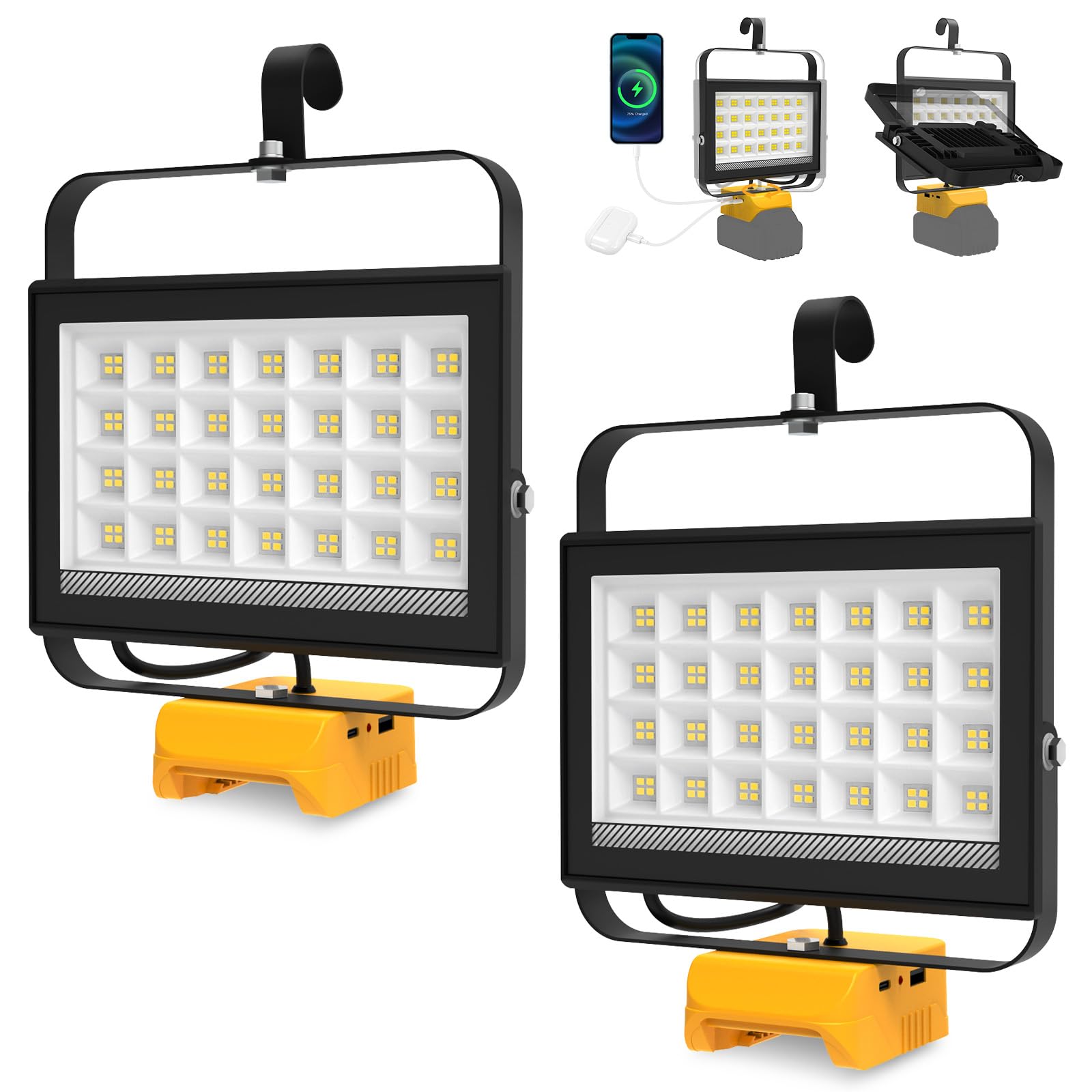 Foco LED Recargable Compatible con Dewalt Batería 18V, T-SUNUS 100W Luces de Trabajo Portátiles 2 Brillos, USB-C Recargable para Acampar Garaje Emergencia Obra 2 Piezas(Sin Batería)
