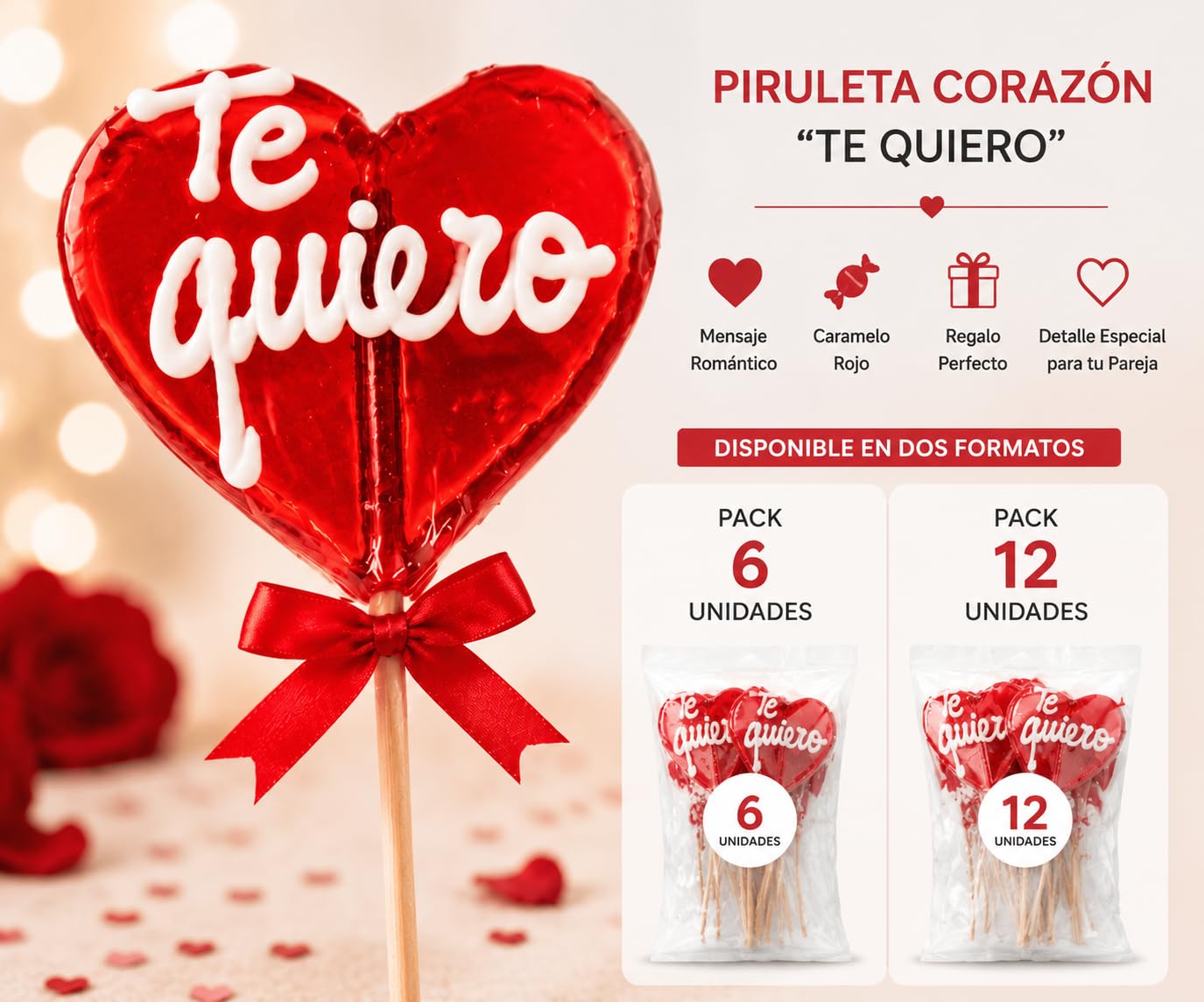 iChuches - Piruleta Corazón "Te Quiero" 55gr - Caramelo Rojo con Mensaje Romántico - Dulce Regalo para San Valentín, Aniversario o Detalle Especial Pareja - 12 Unidades, 660 Gramos
