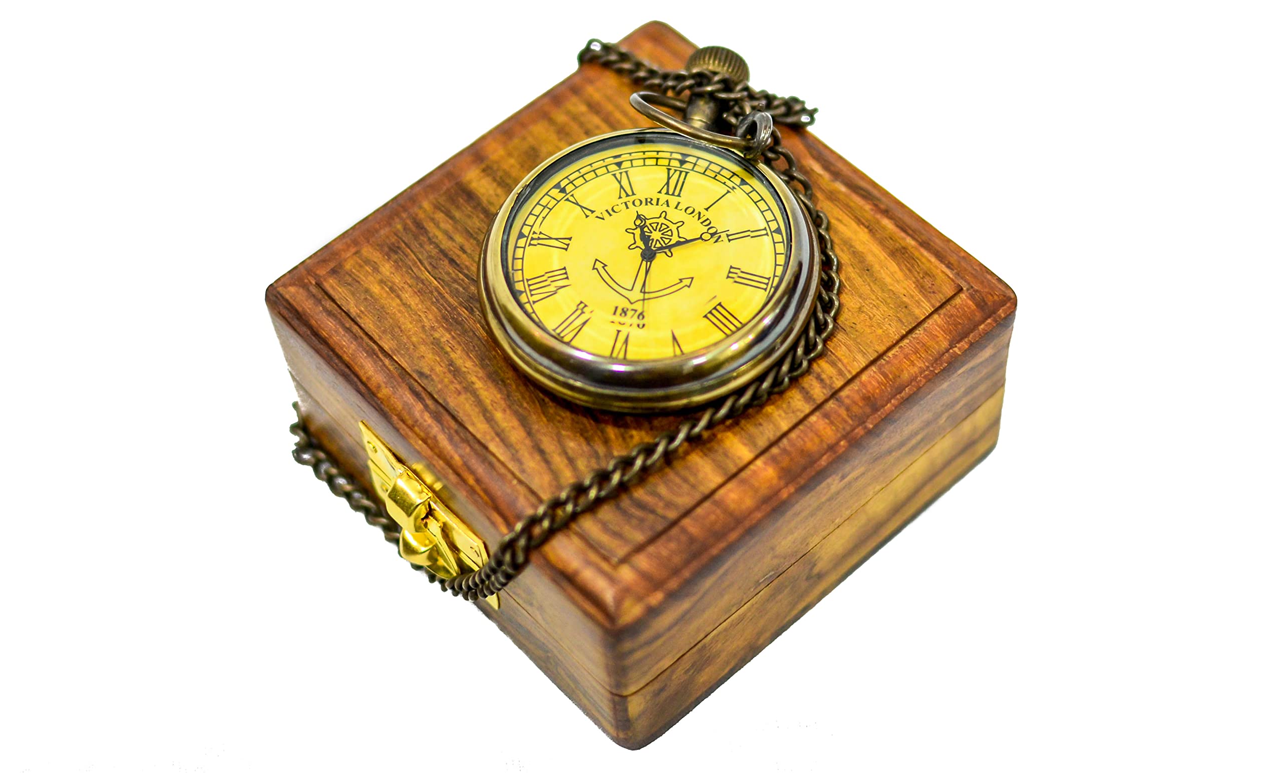 World Of Vintage Unisex Antique Look Brass Anchor Analog Pocket Watch with Wooden Box - Transparent, 2 Inch