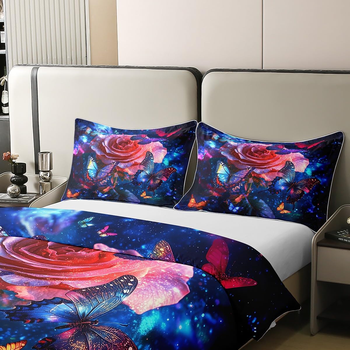 Dreamy Rose poszewka na kołdrę w 100% z bawełny, dla chłopców i dziewcząt, zestaw pościeli dla dzieci, obraz olejny galaktyka, gwiaździste niebo, kwiaty, poszewka na kołdrę z 2 poszewkami na poduszki,