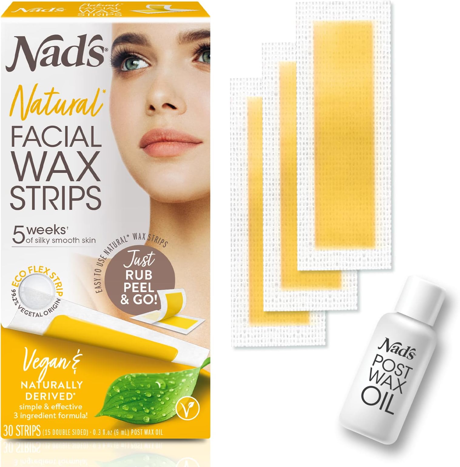 Nad's Facial Wax Strips - Natural All Skin Types - Waxing Kit With 30 Face Wax Strips & Post Wax Oil, 1 Count