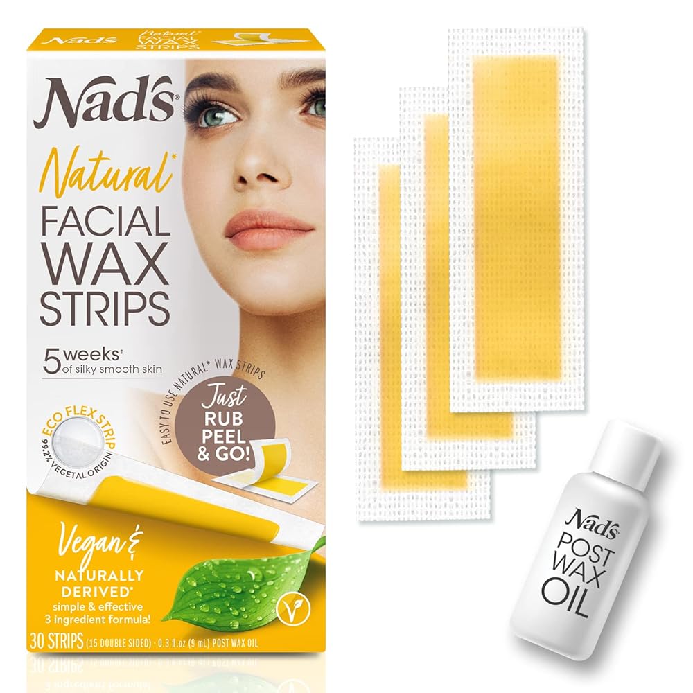 Nad\'s Facial Wax Strips - Natural All Skin Types - Waxing Kit With 30 Face Wax Strips & Post Wax Oil, 1 Count
