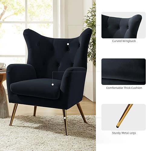 Miniatura 4 de Silla decorativa de terciopelo, moderna silla con brazo con respaldo de alas con patas de metal dorado, silla individual tapizada de terciopelo para