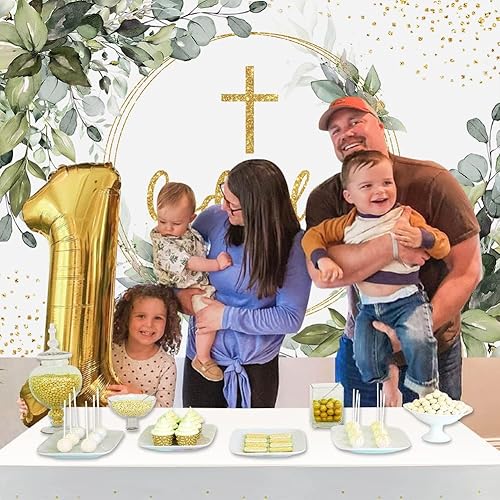 Miniatura 5 de Telón de fondo verde de 7 x 5 pies, decoración de fiesta de bautismo de primera comunión, decoración de vinilo verde y dorado eucalipto hojas verdes